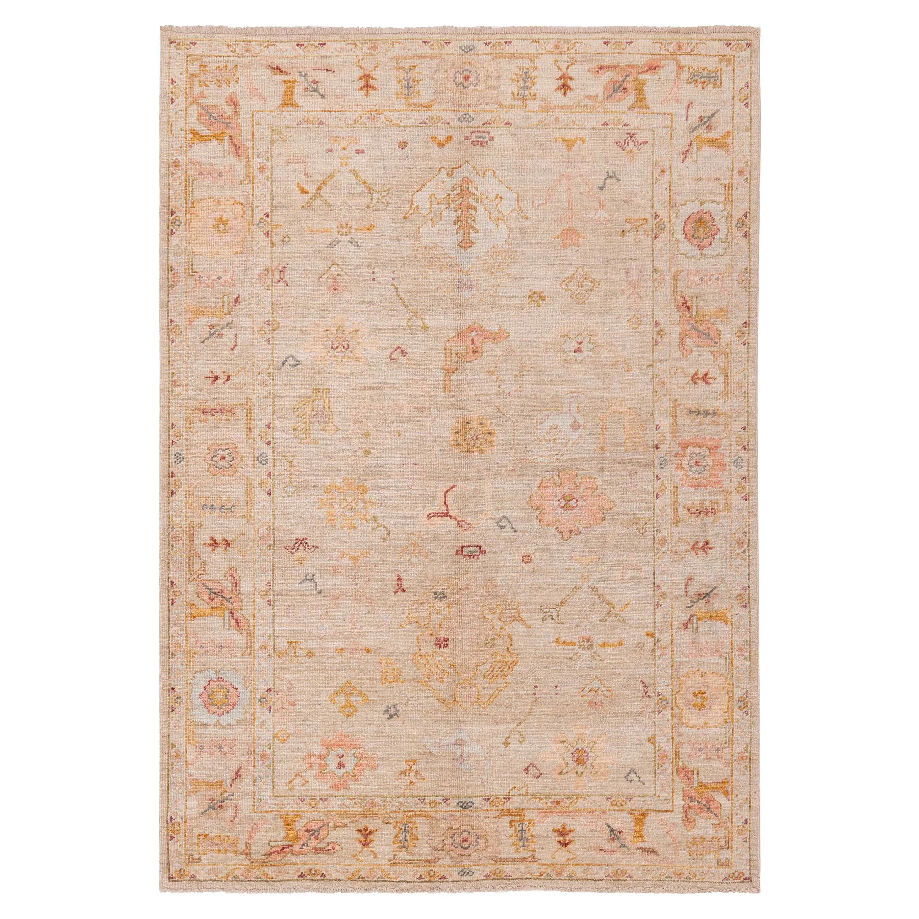Beige Traditional Oushak Wool Rug - 6' x 8'7"