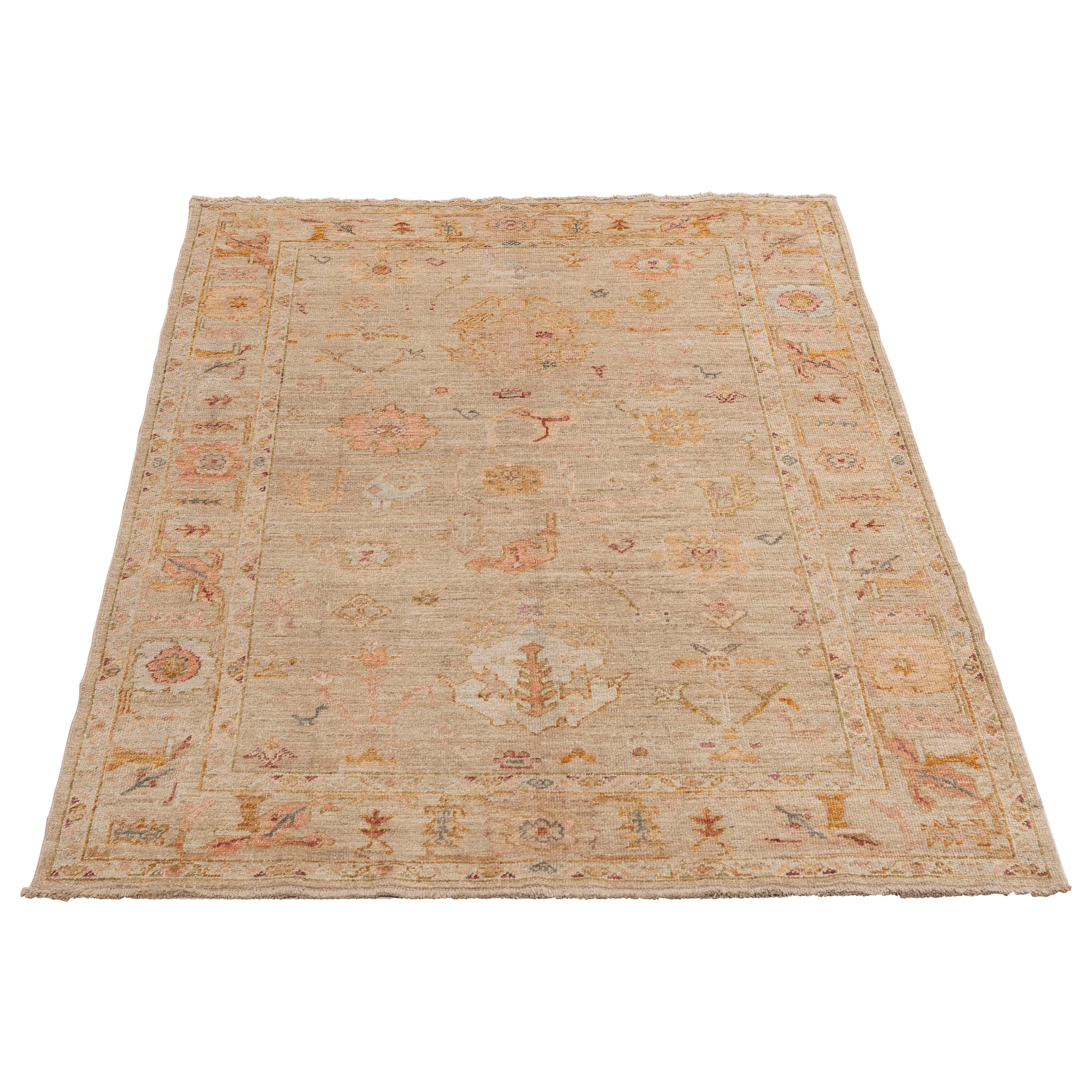 Beige Traditional Oushak Wool Rug - 6' x 8'7"