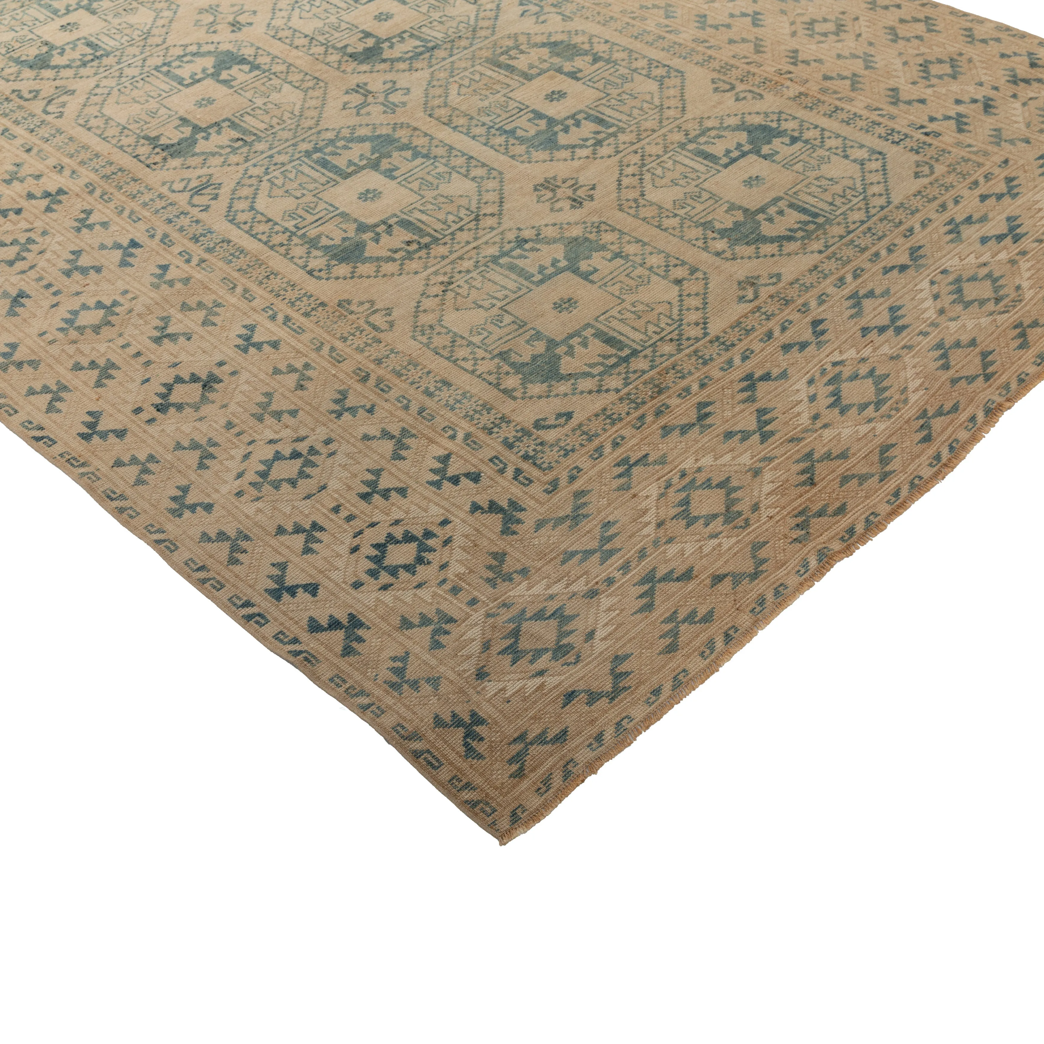 Blue & Beige Vintage Traditional Anatolian Wool Rug - 6'4" x 9'11"