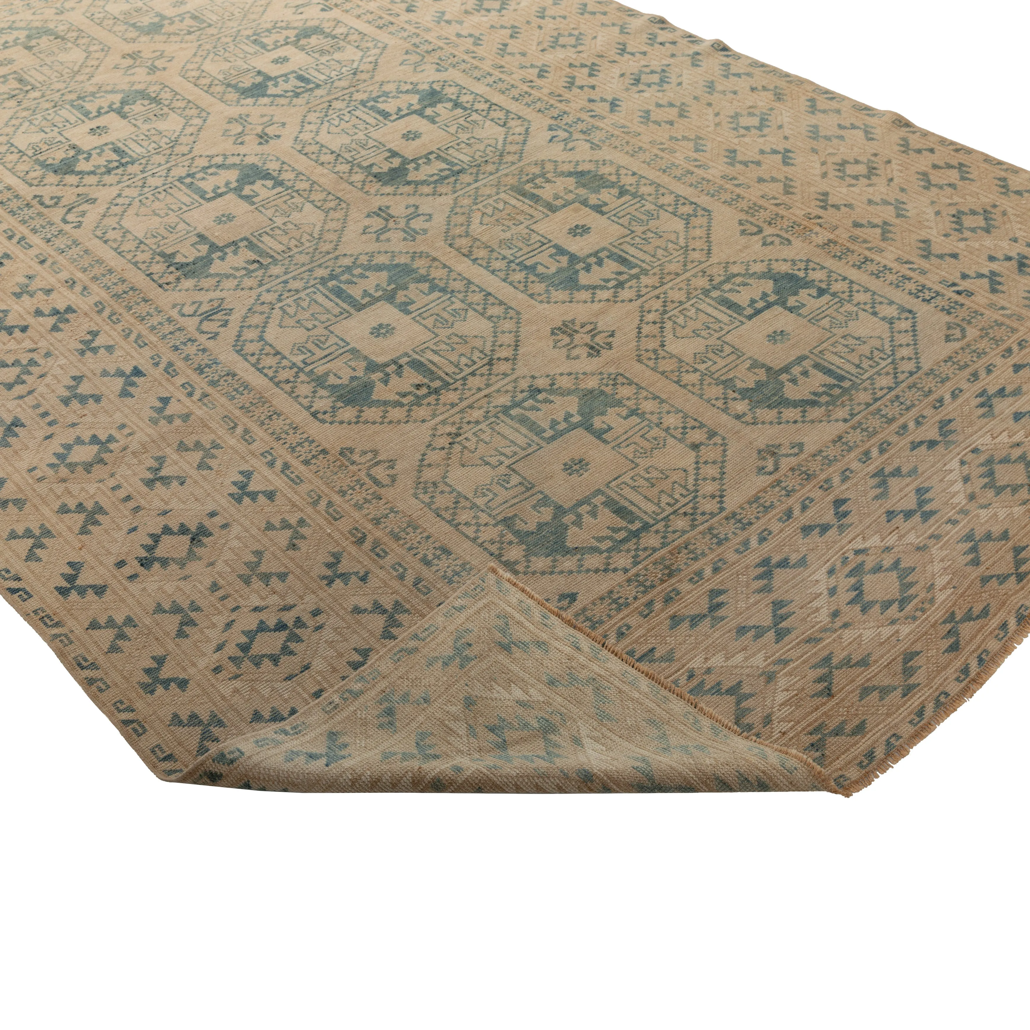 Blue & Beige Vintage Traditional Anatolian Wool Rug - 6'4" x 9'11"