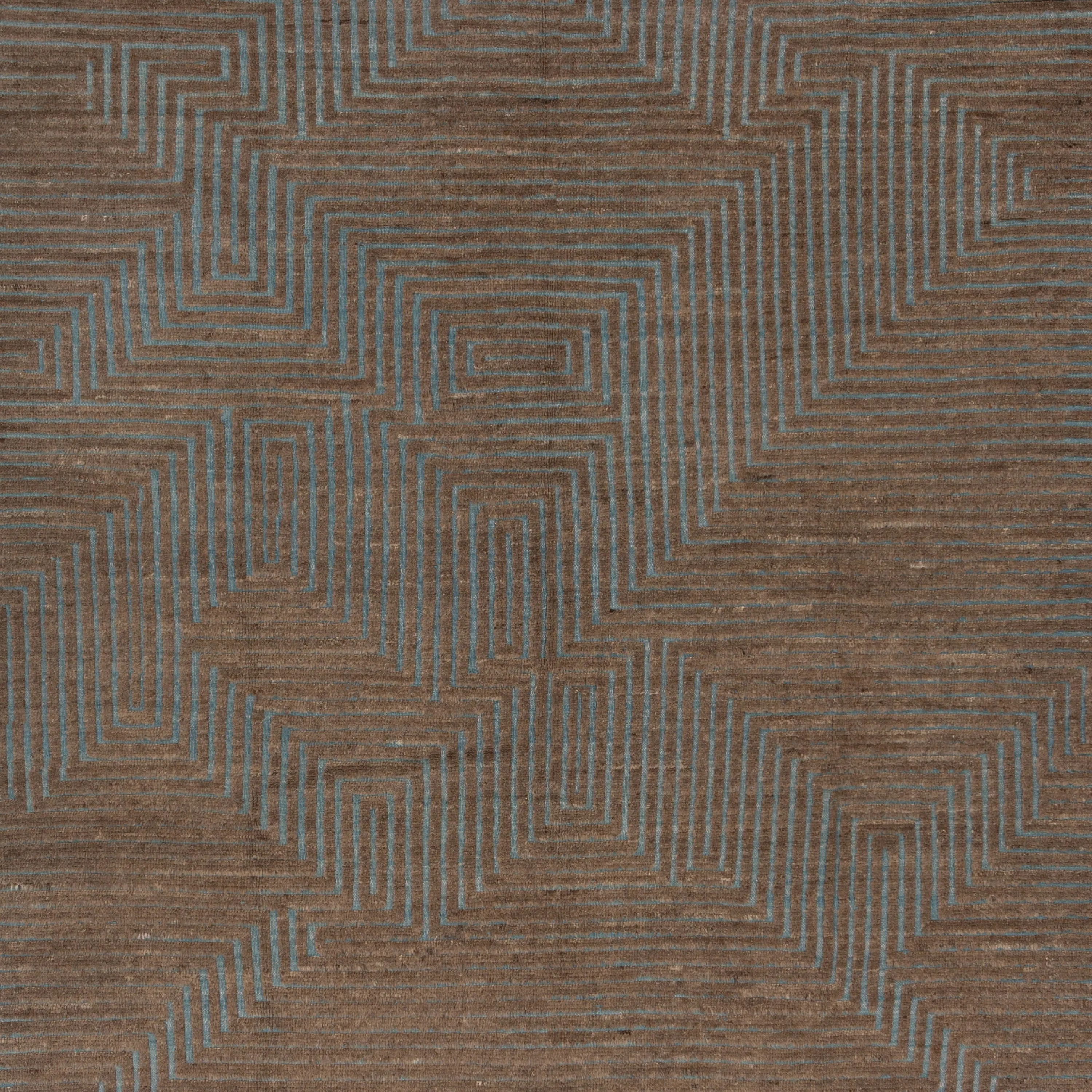 Blue & Brown Zameen Geometric Wool Rug - 6'5" x 9'3"