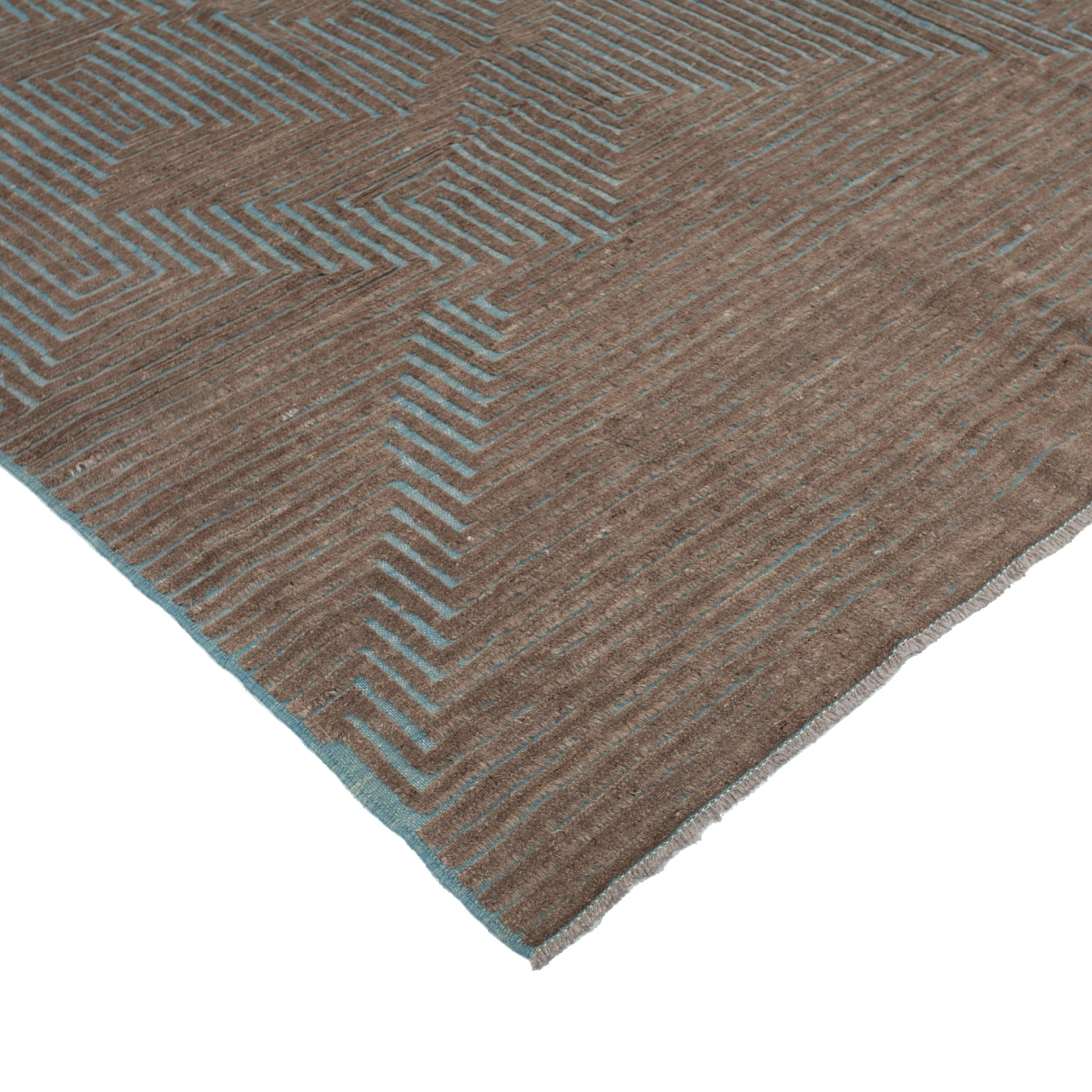 Blue & Brown Zameen Geometric Wool Rug - 6'5" x 9'3"