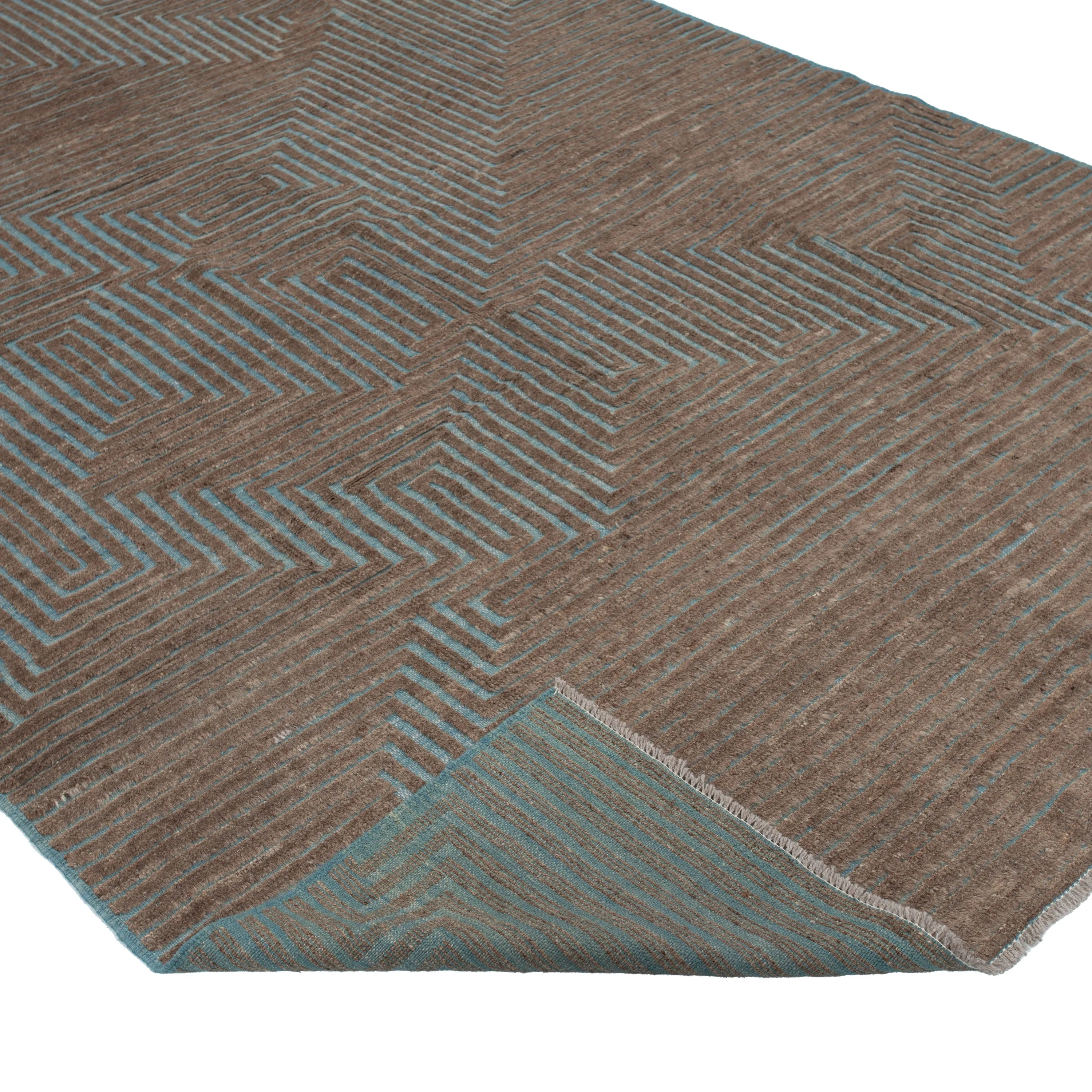 Blue & Brown Zameen Geometric Wool Rug - 6'5" x 9'3"