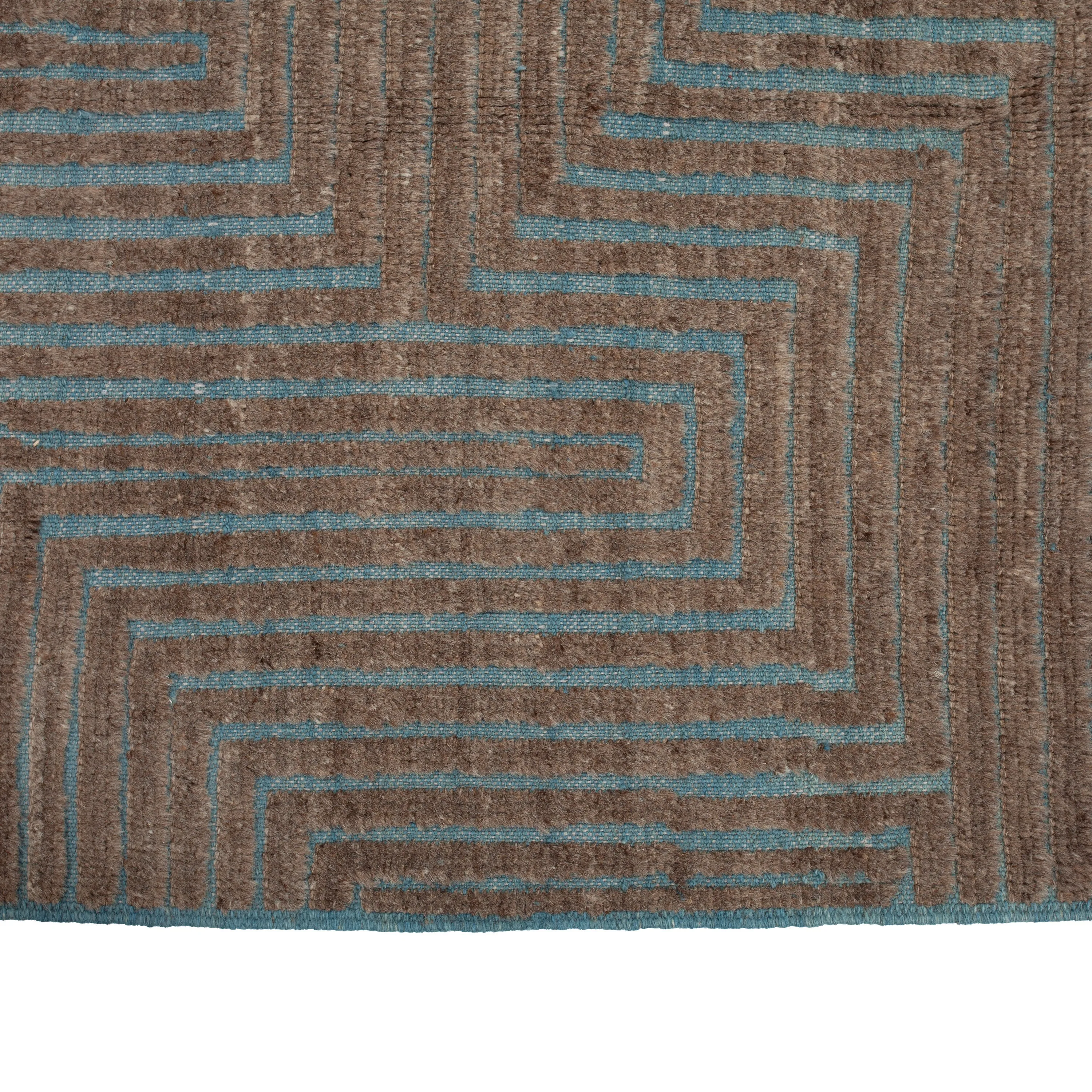 Blue & Brown Zameen Geometric Wool Rug - 6'5" x 9'3"