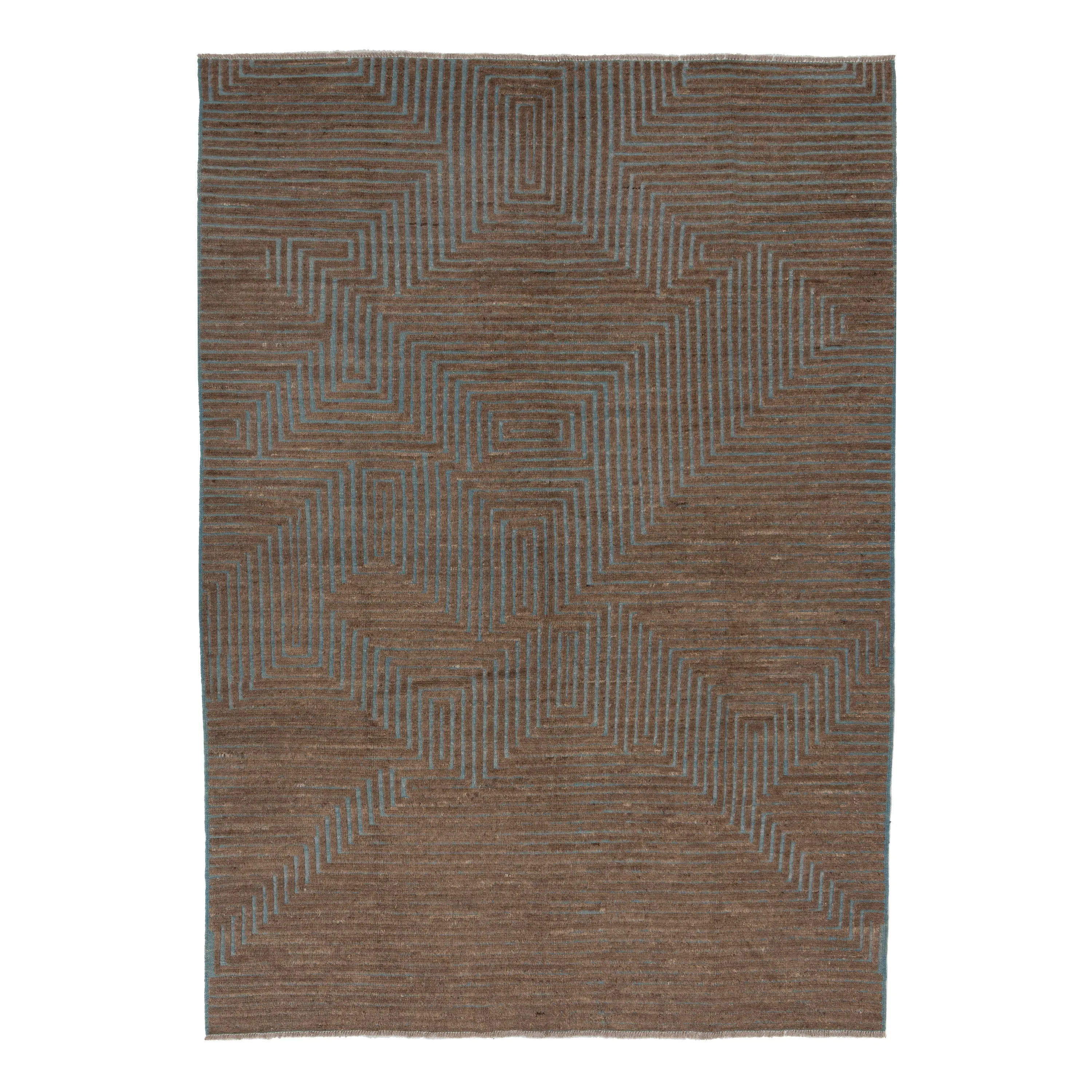 Blue & Brown Zameen Geometric Wool Rug - 6'5" x 9'3"