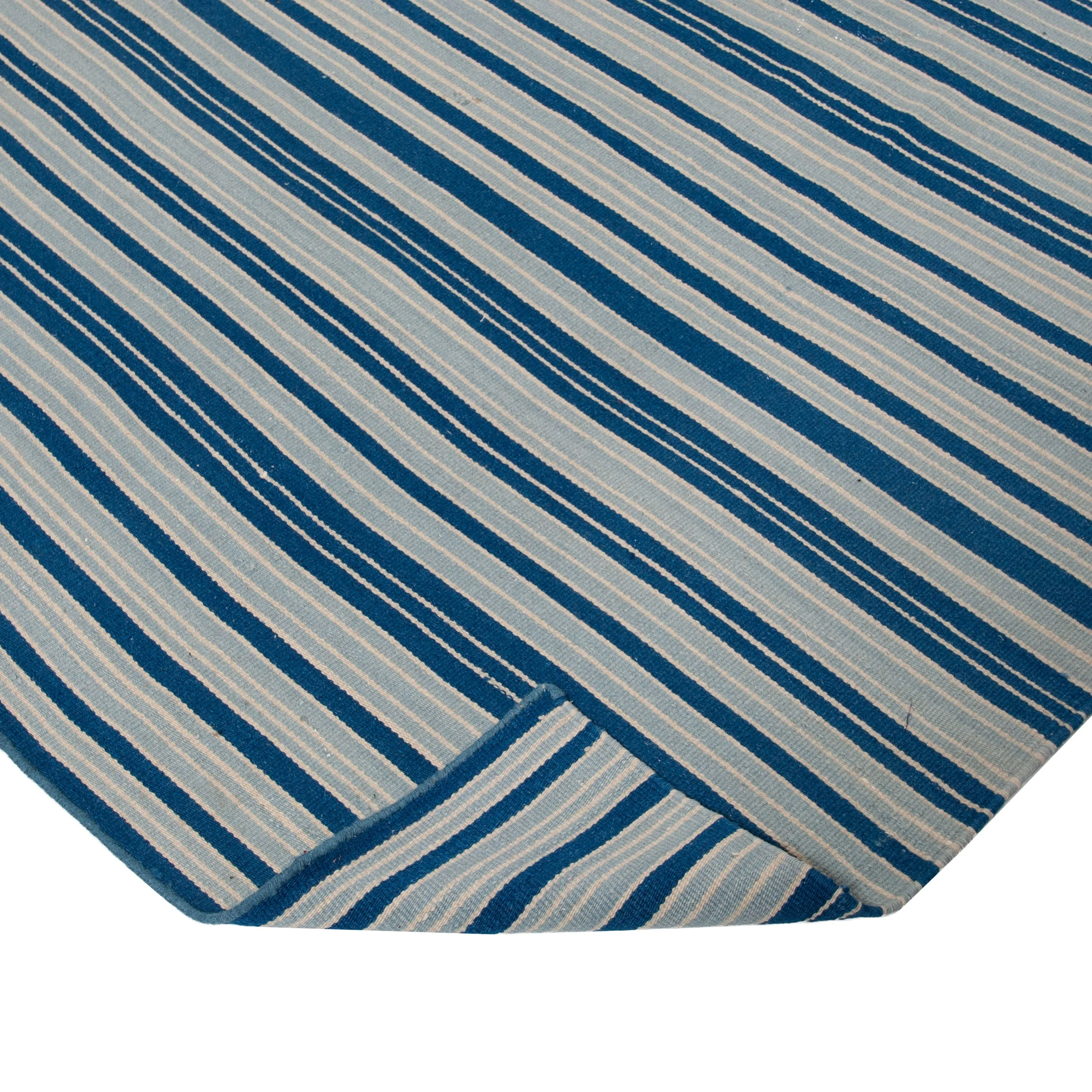 Blue & White Flatweave Cotton Rug - 9' x 12'2"