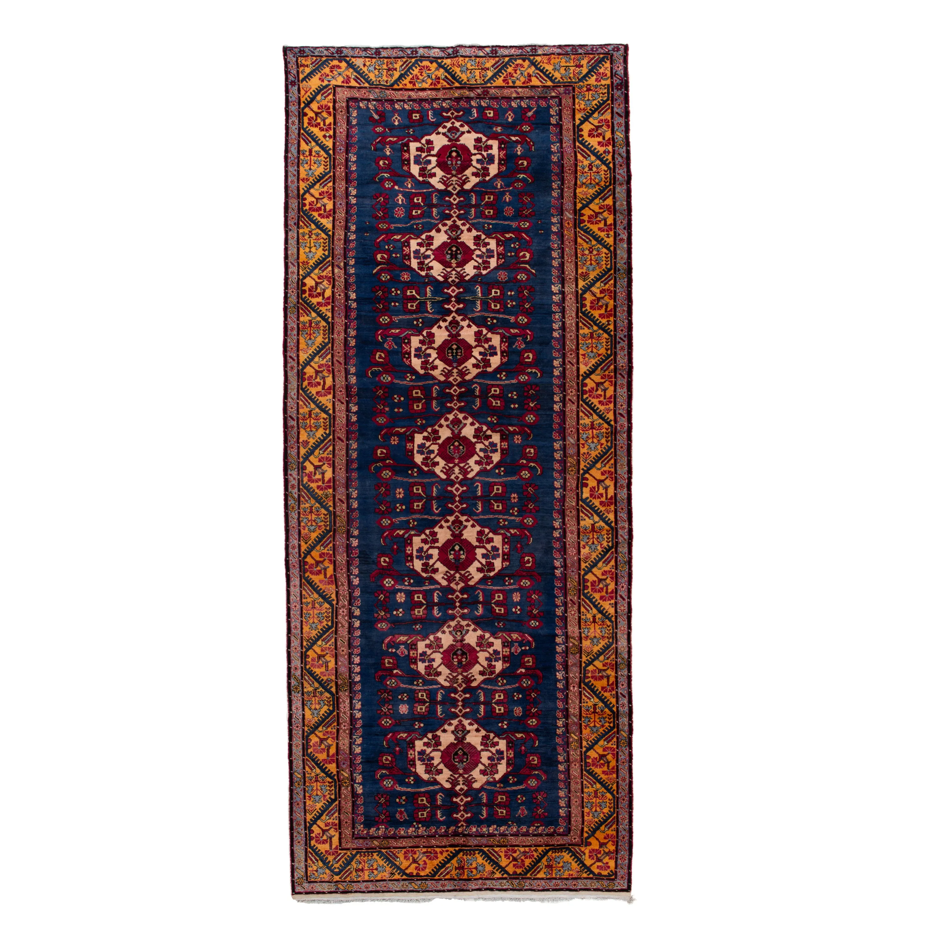 Blue & Yellow Vintage Traditional Wool Runner - 6'2" x 16'