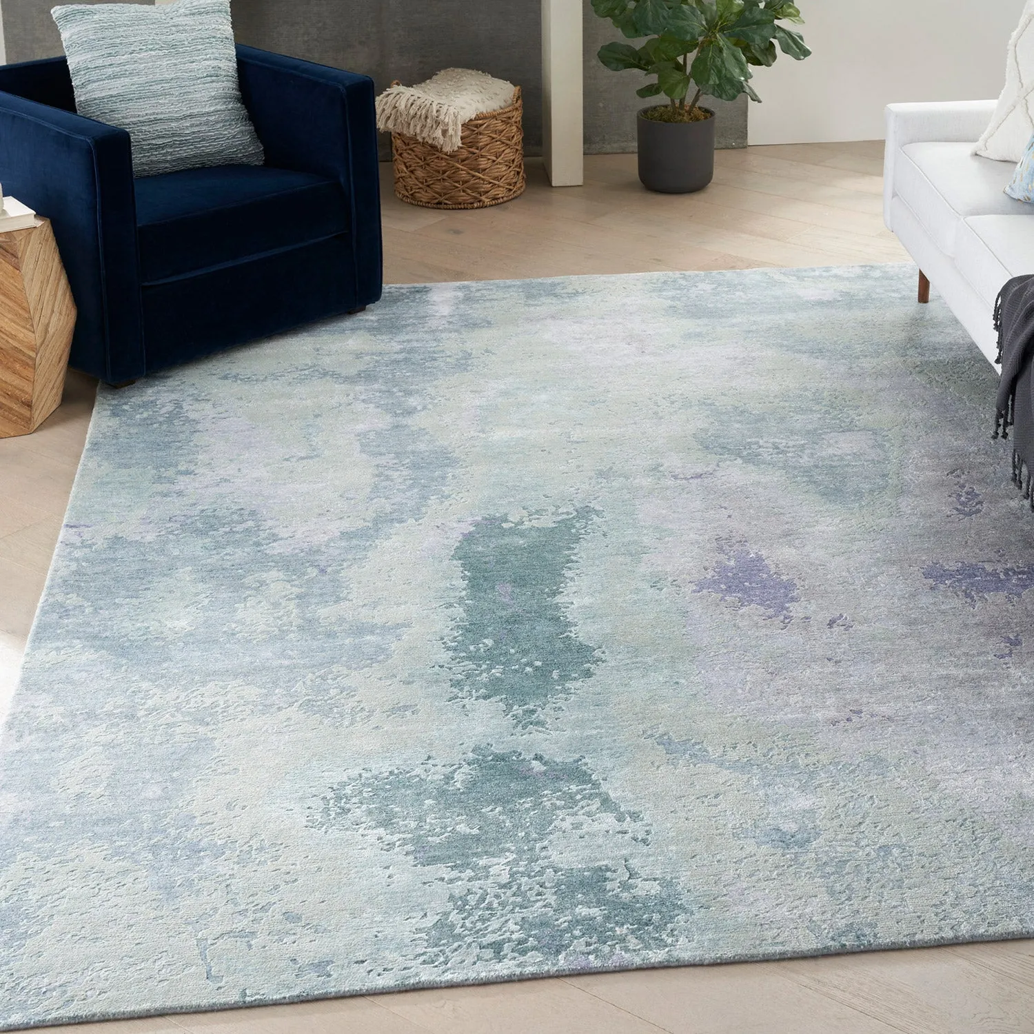 Blue Essentials Green Modern Bamboo Silk Wool Blend Rug