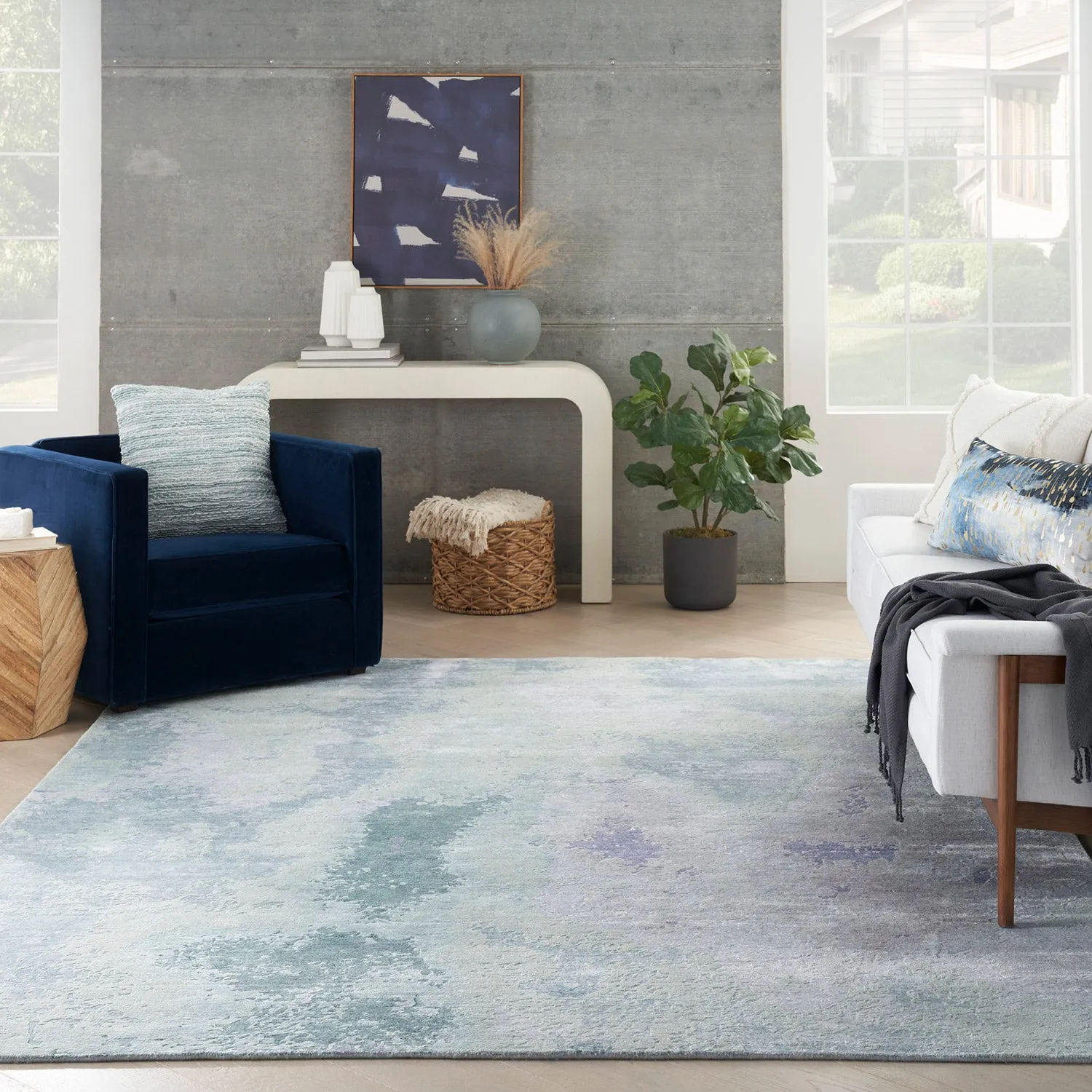 Blue Essentials Green Modern Bamboo Silk Wool Blend Rug