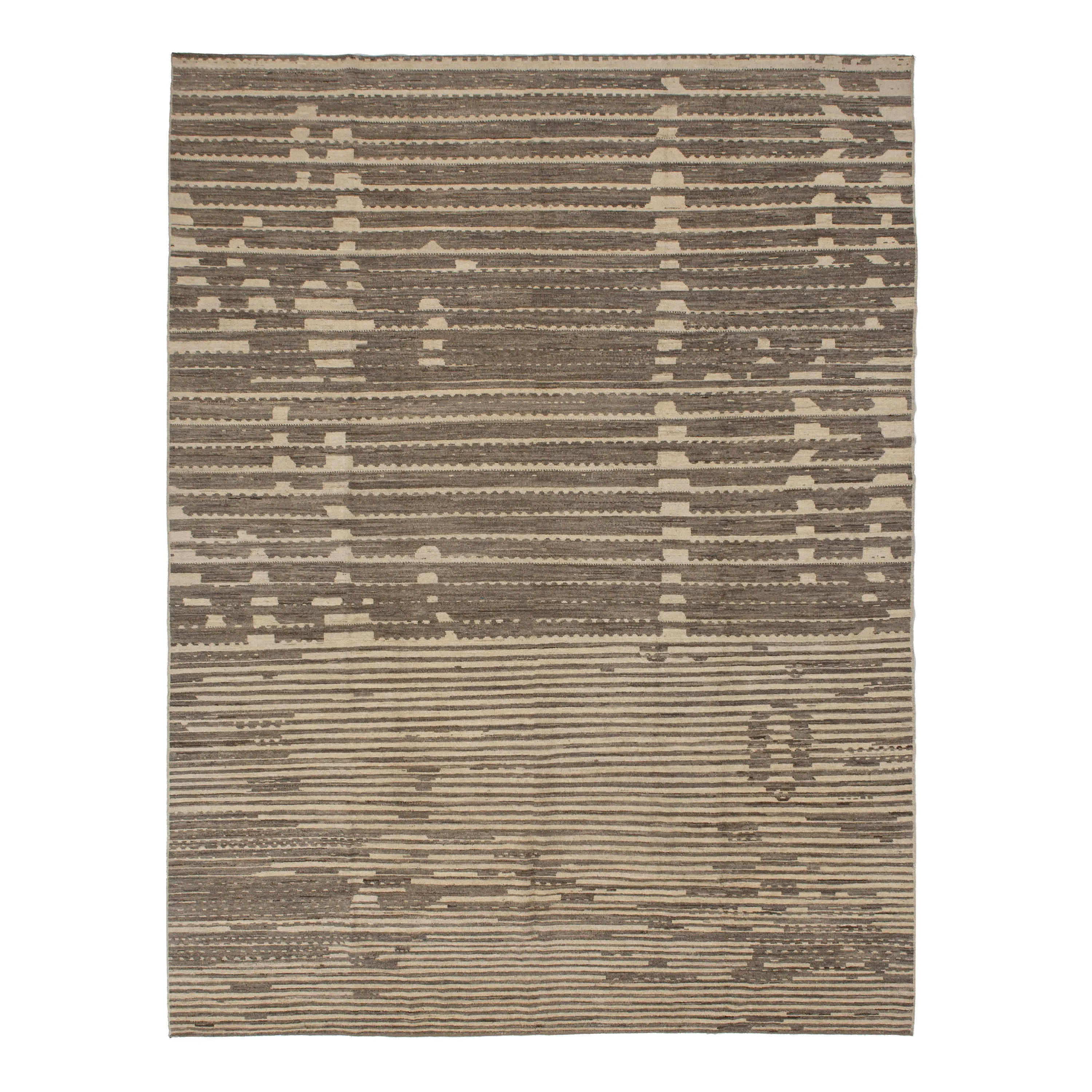 Brown & White Zameen Transitional Modern Wool Rug - 10' x 13'7"