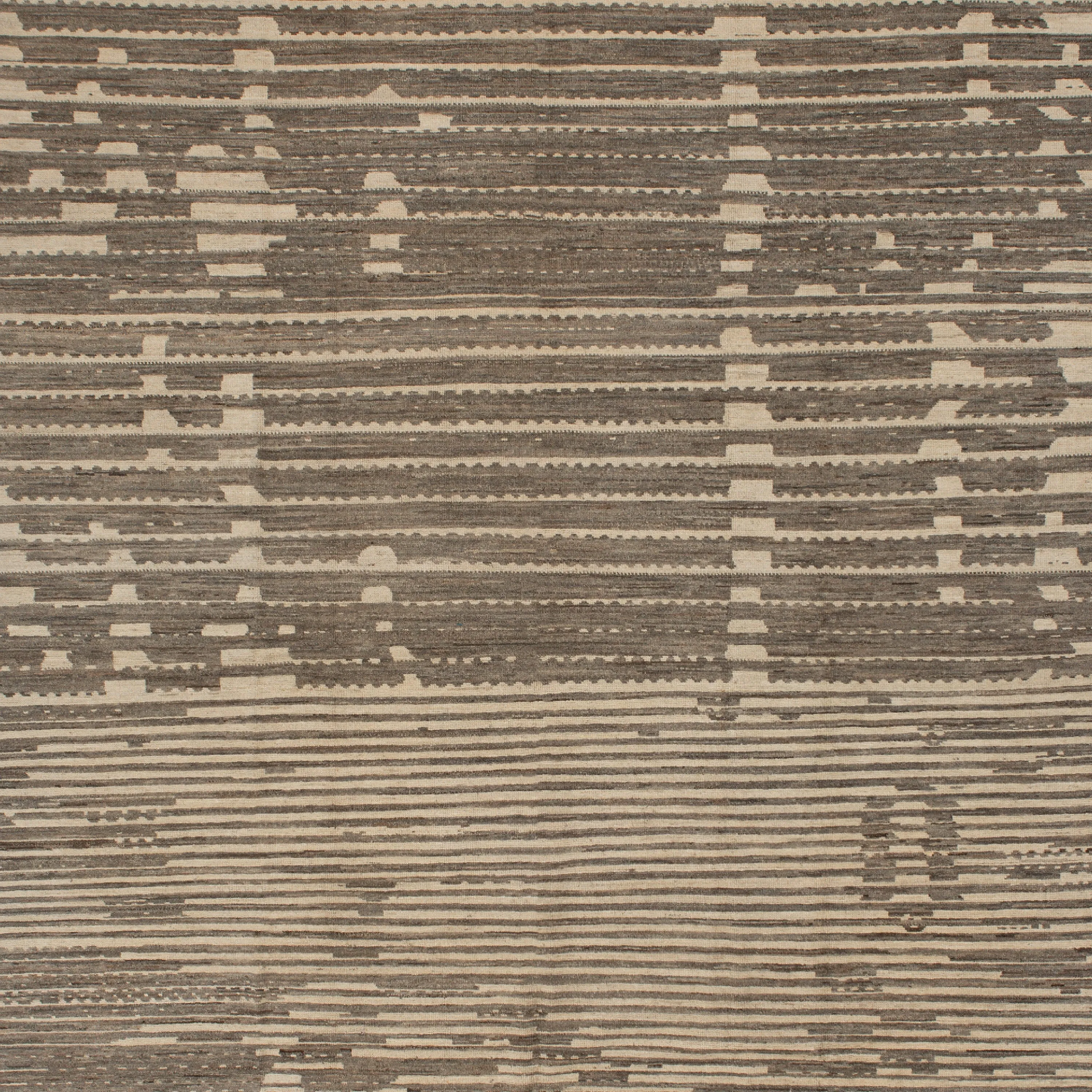 Brown & White Zameen Transitional Modern Wool Rug - 10' x 13'7"