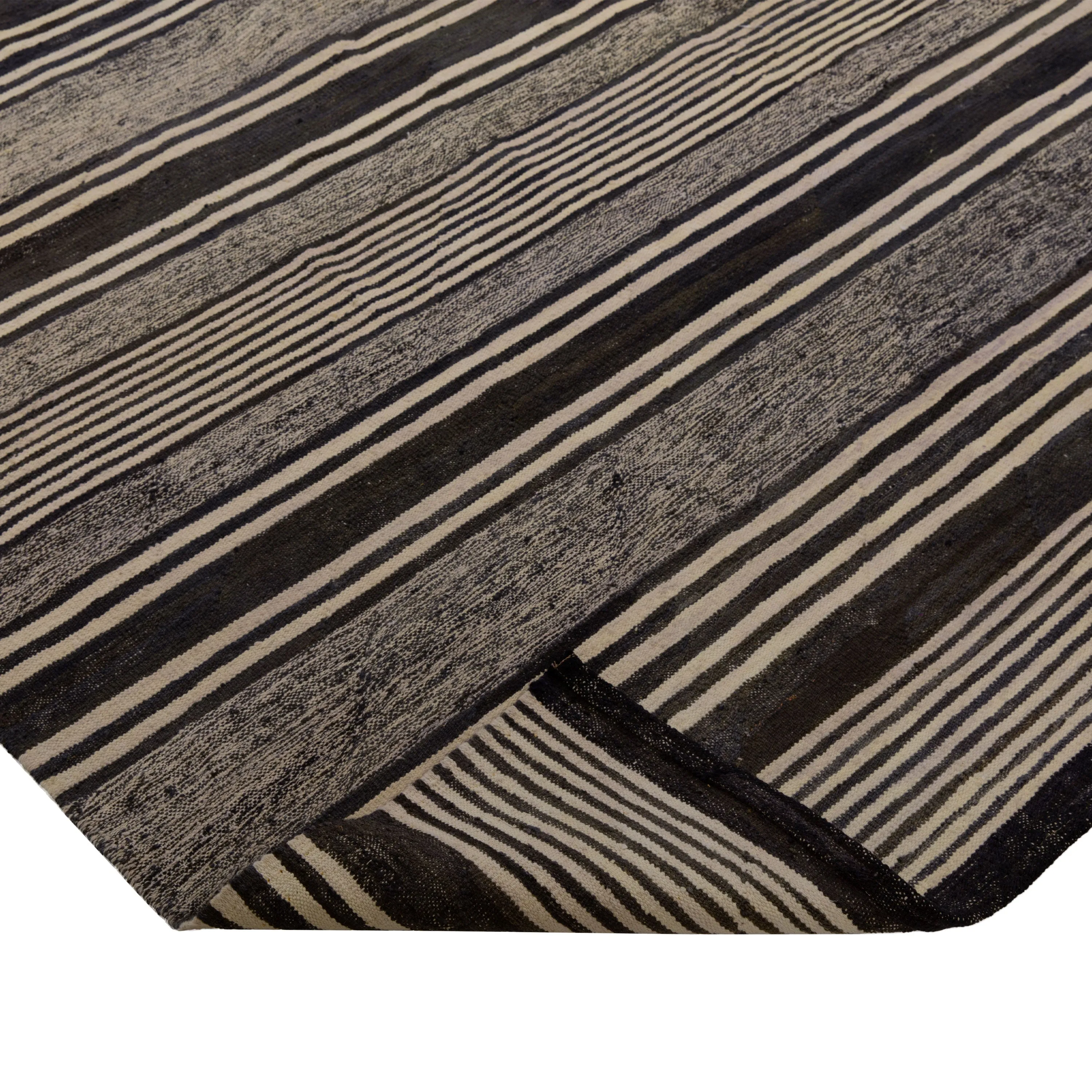 Brown Patterned Modern Wool Kilim Rug - 9' x 11'7"
