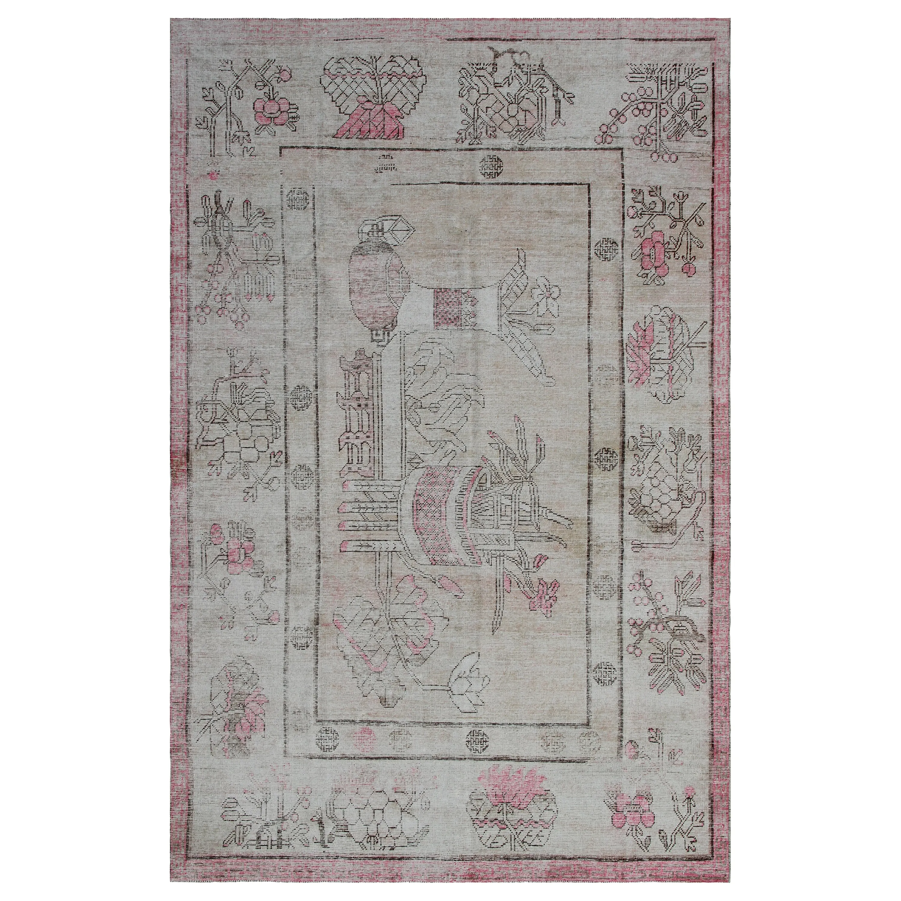Grey & Pink Vintage Wool Cotton Blend Rug - 5'6" x 8'7"