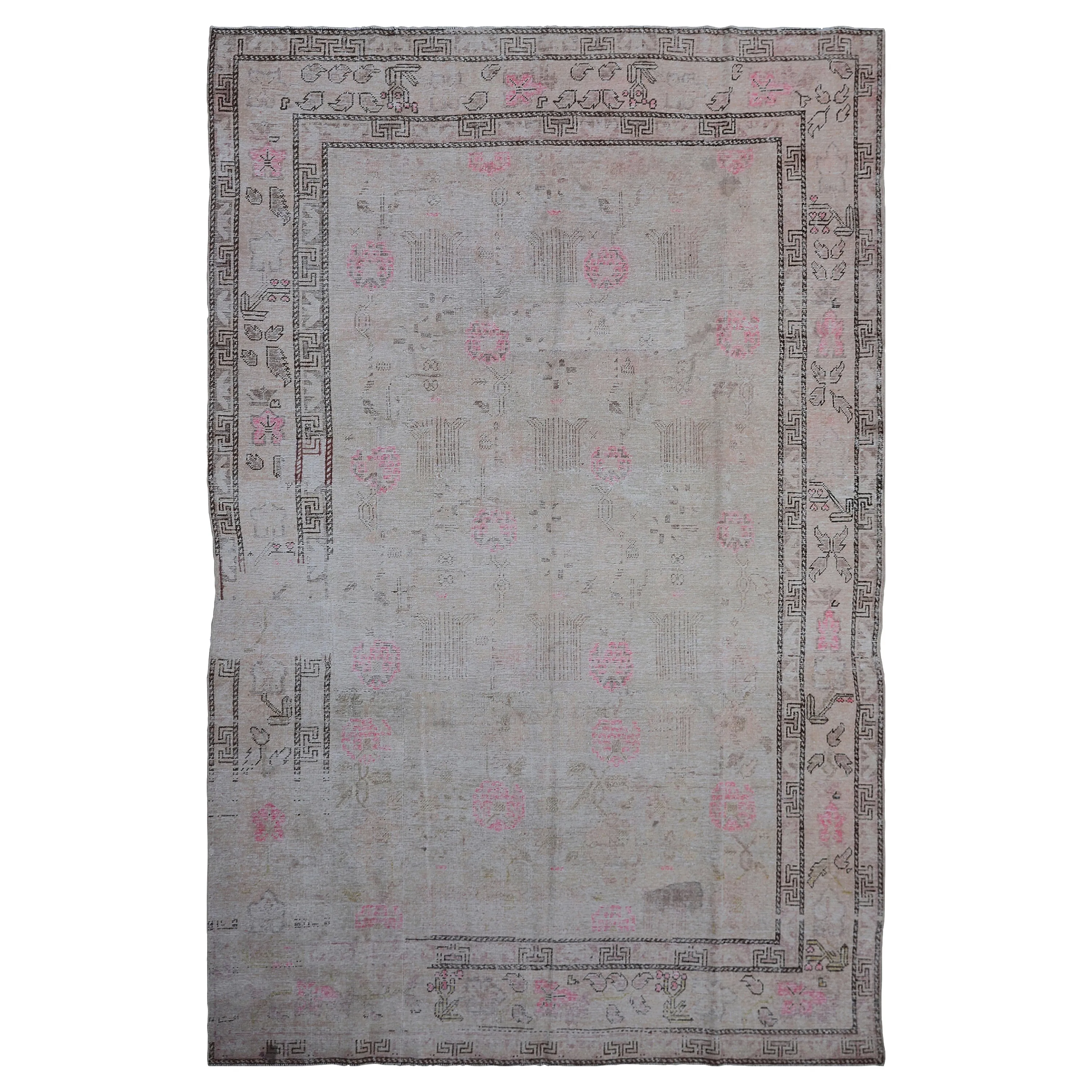 Grey & Pink Vintage Wool Cotton Blend Rug - 6'1" x 9'10"