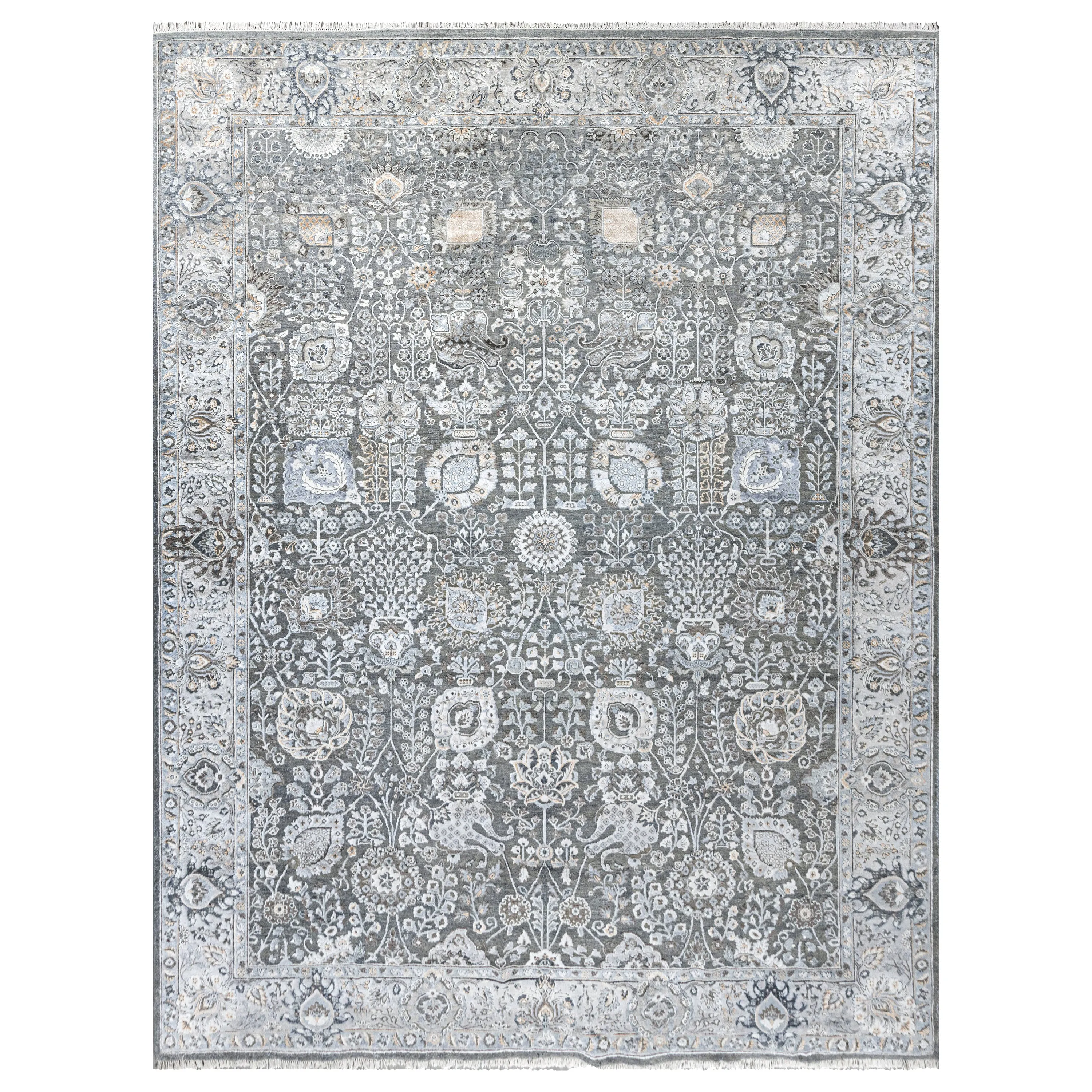 Grey Traditional Wool Silk Blend Rug - 9'1" x 11'11"