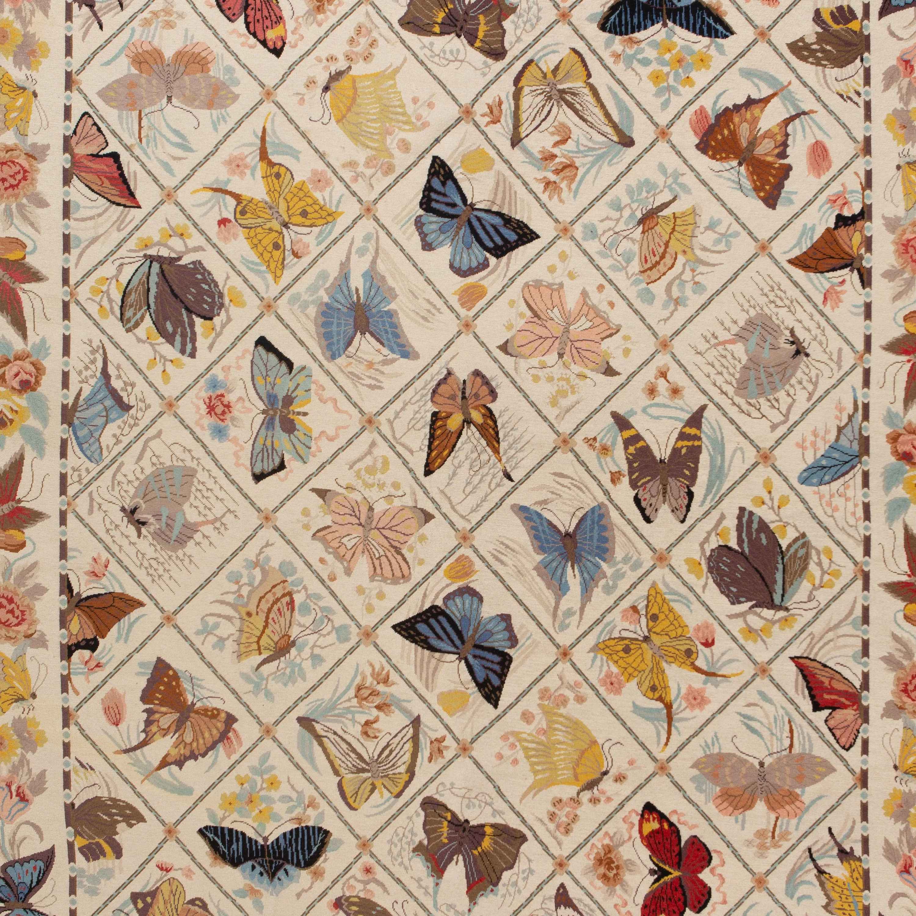 Multicolored Flatweave Butterly Motif Rug - 7'9" x 9'9"