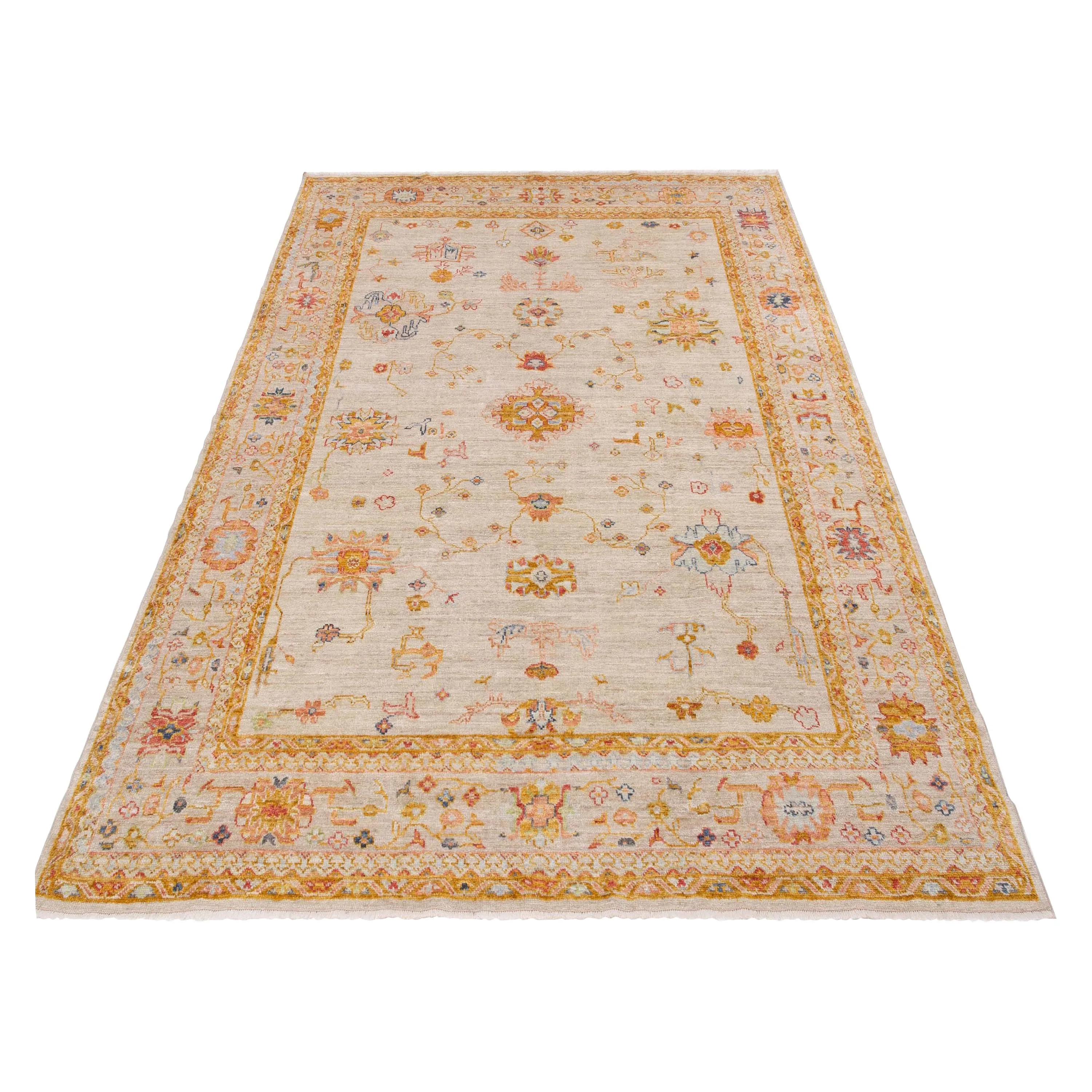 Orange Traditional Oushak Wool Rug - 9'3" x 11'5"