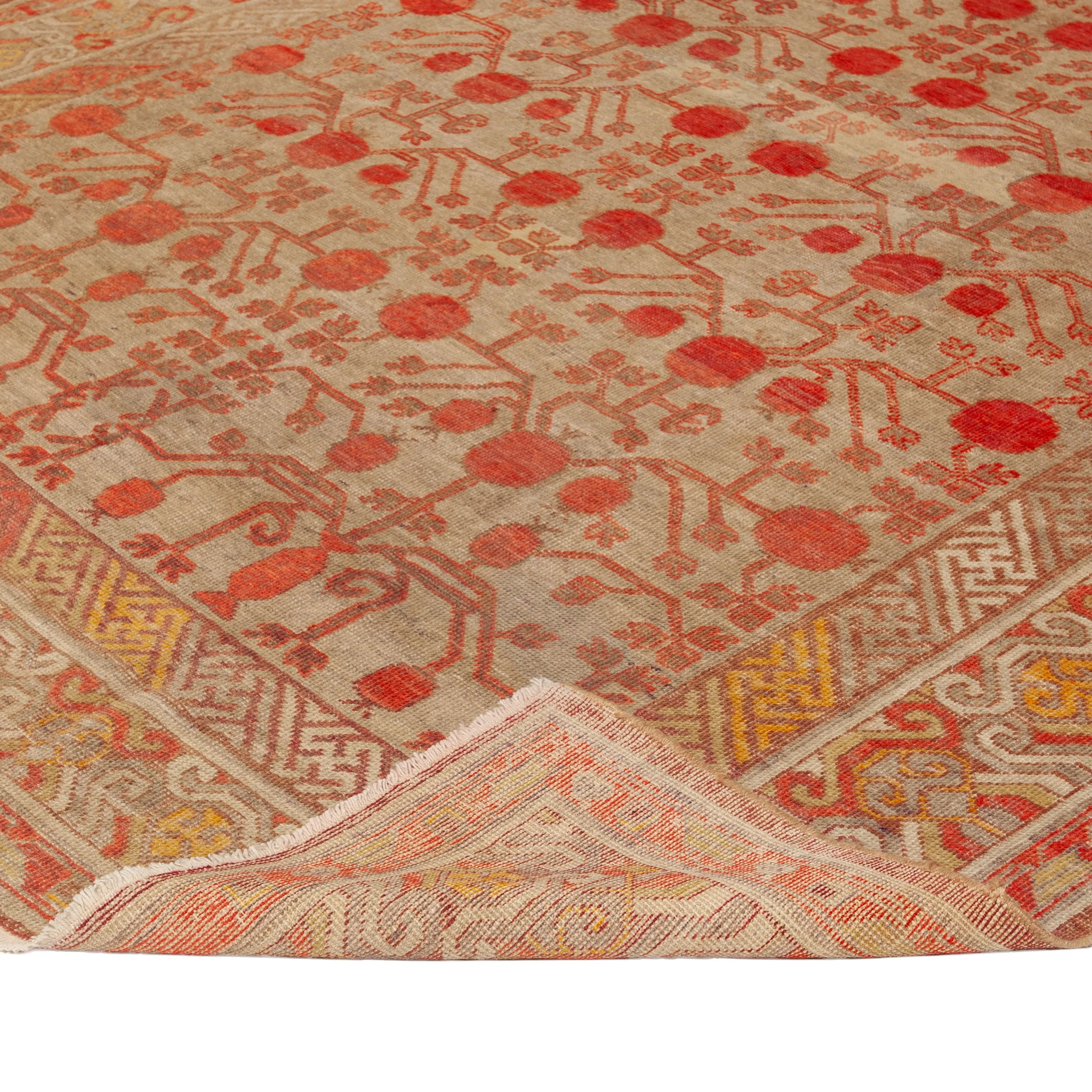 Orange Vintage Traditional Wool Khotan Rug - 6'5" x 13'
