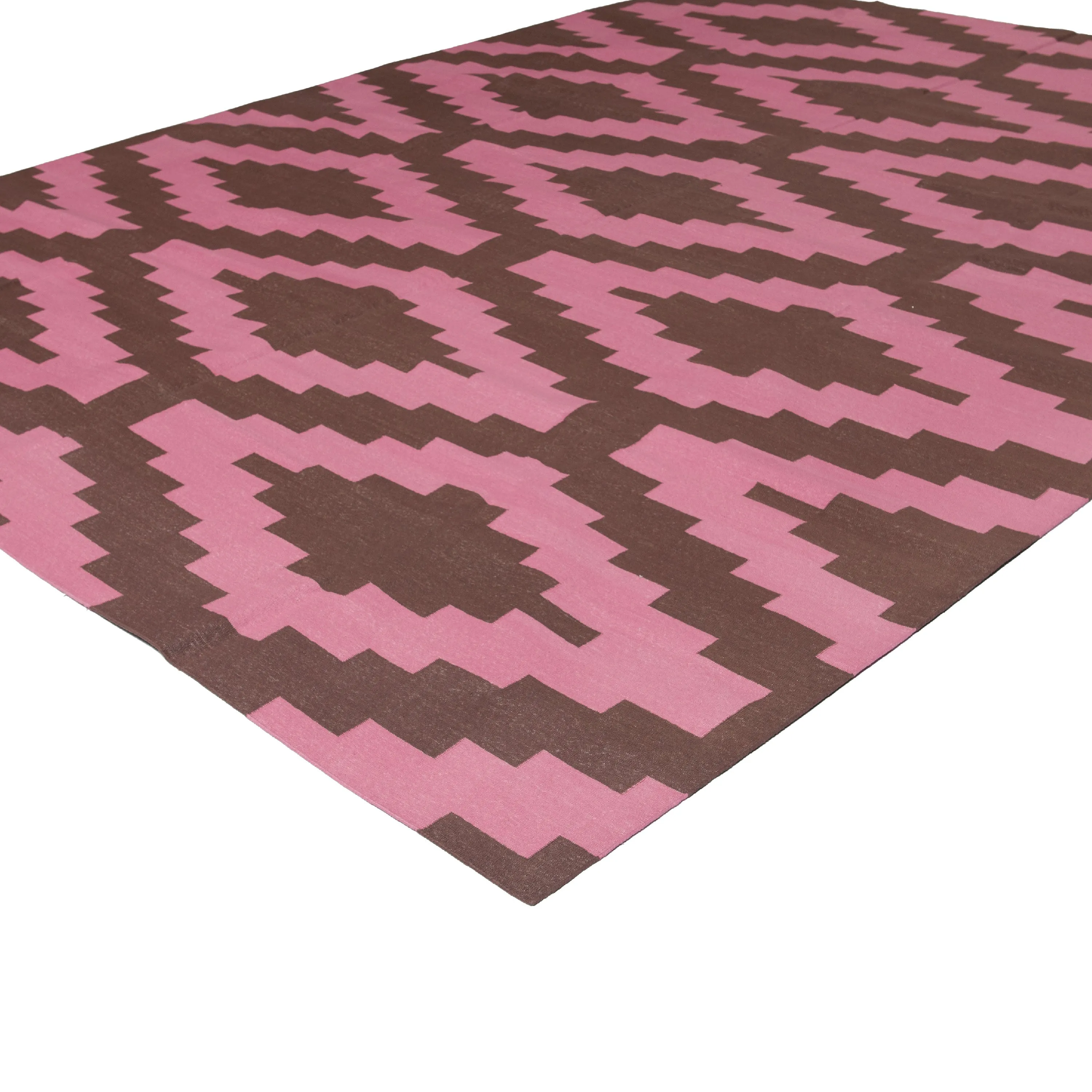 Pink & Brown Geometric Flatweave Cotton Rug - 8'1" x 11'1"