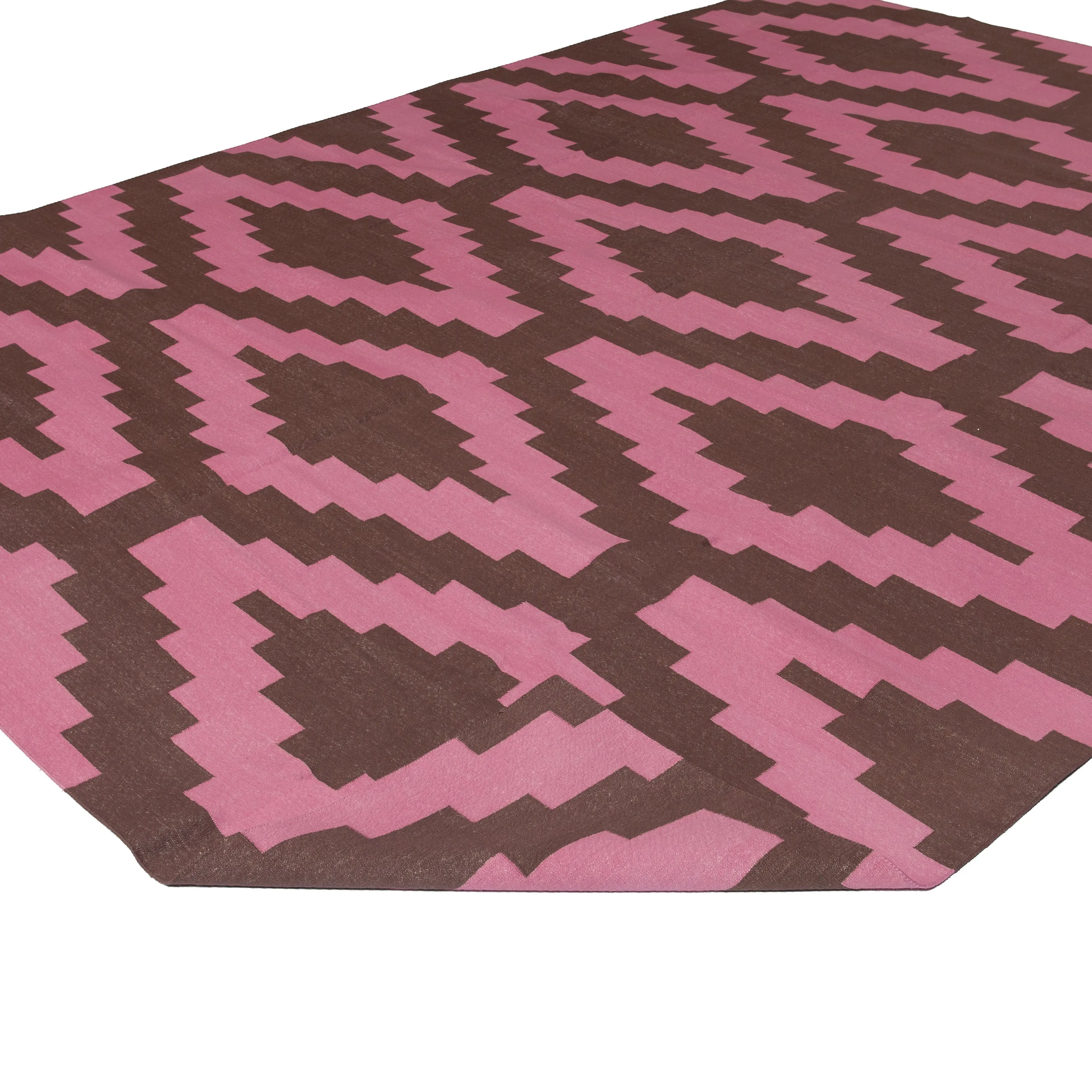 Pink & Brown Geometric Flatweave Cotton Rug - 8'1" x 11'1"