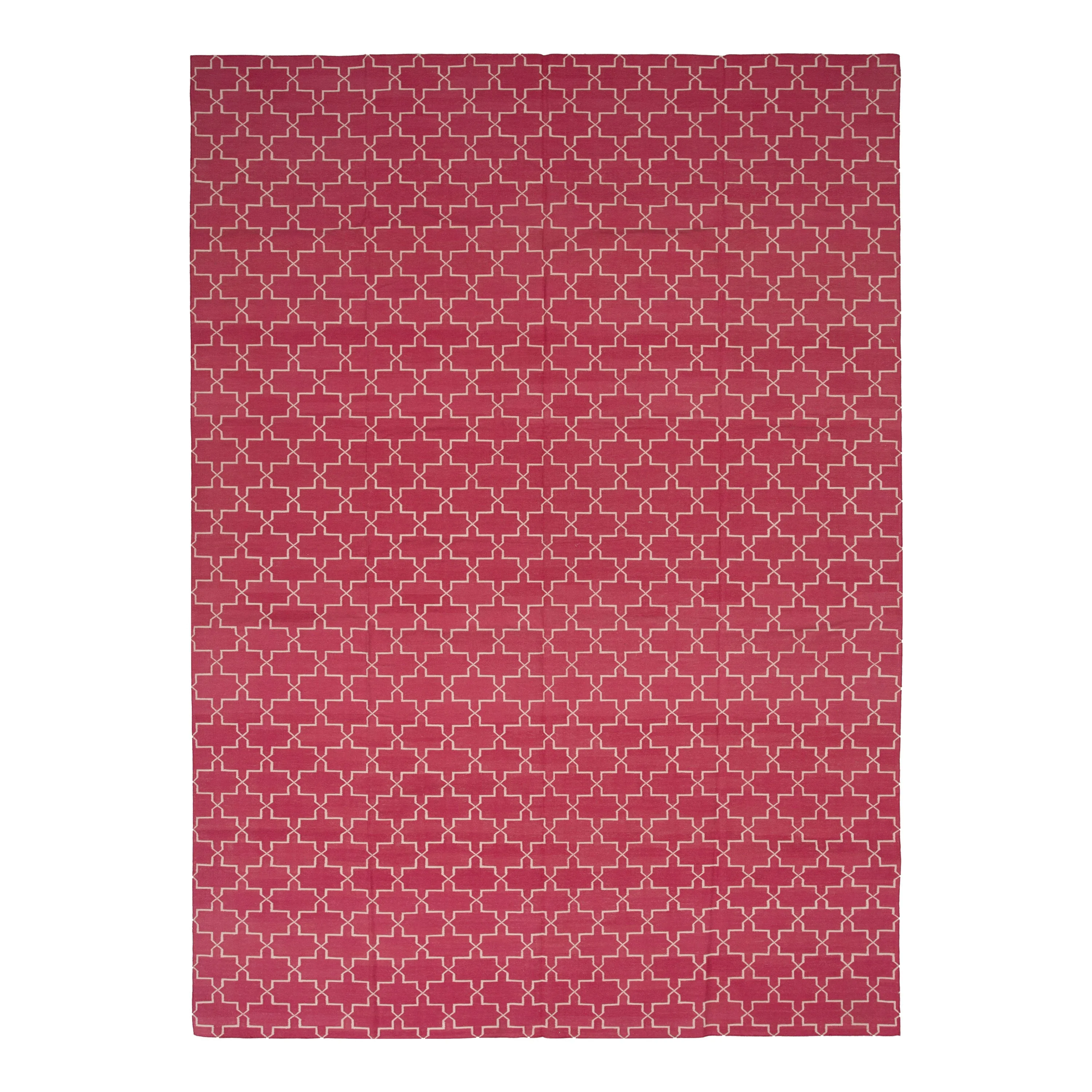 Pink Geometric Dhurrie Cotton Rug - 10' x 14'