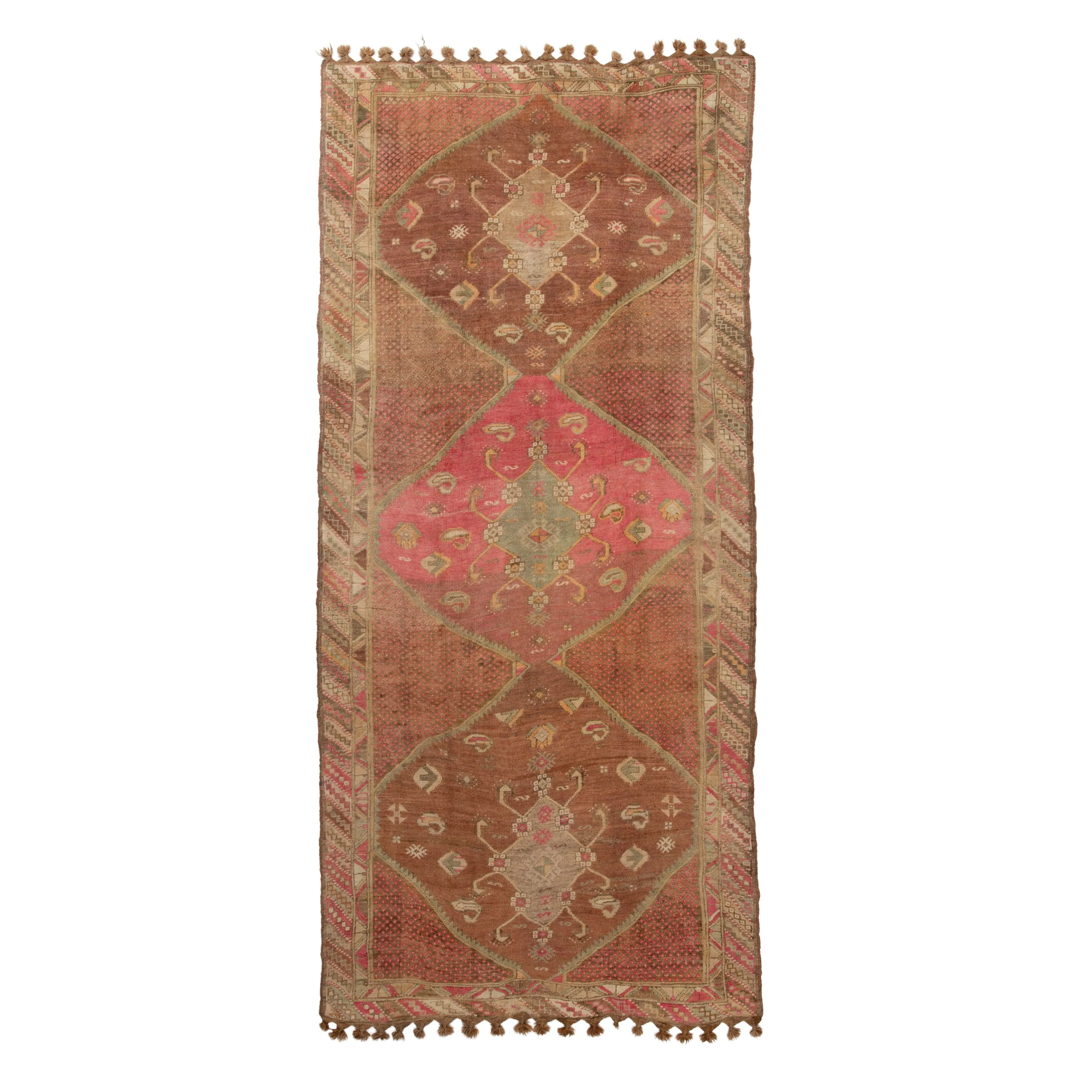 Pink Vintage Traditional Anatolian Wool Rug - 6'2" x 13'7"