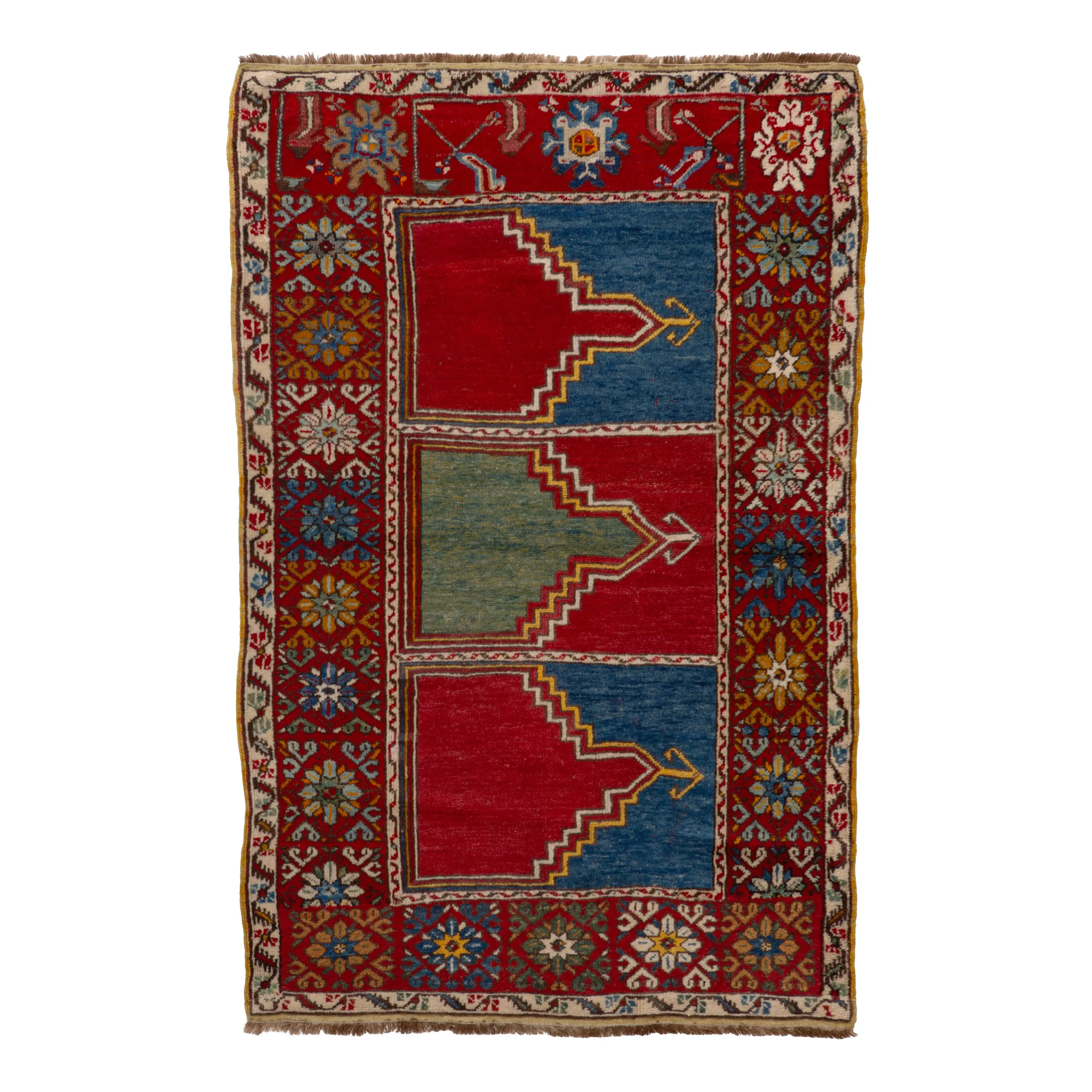 Red & Blue Vintage Traditional Wool Persian Rug - 3'6" x 5'
