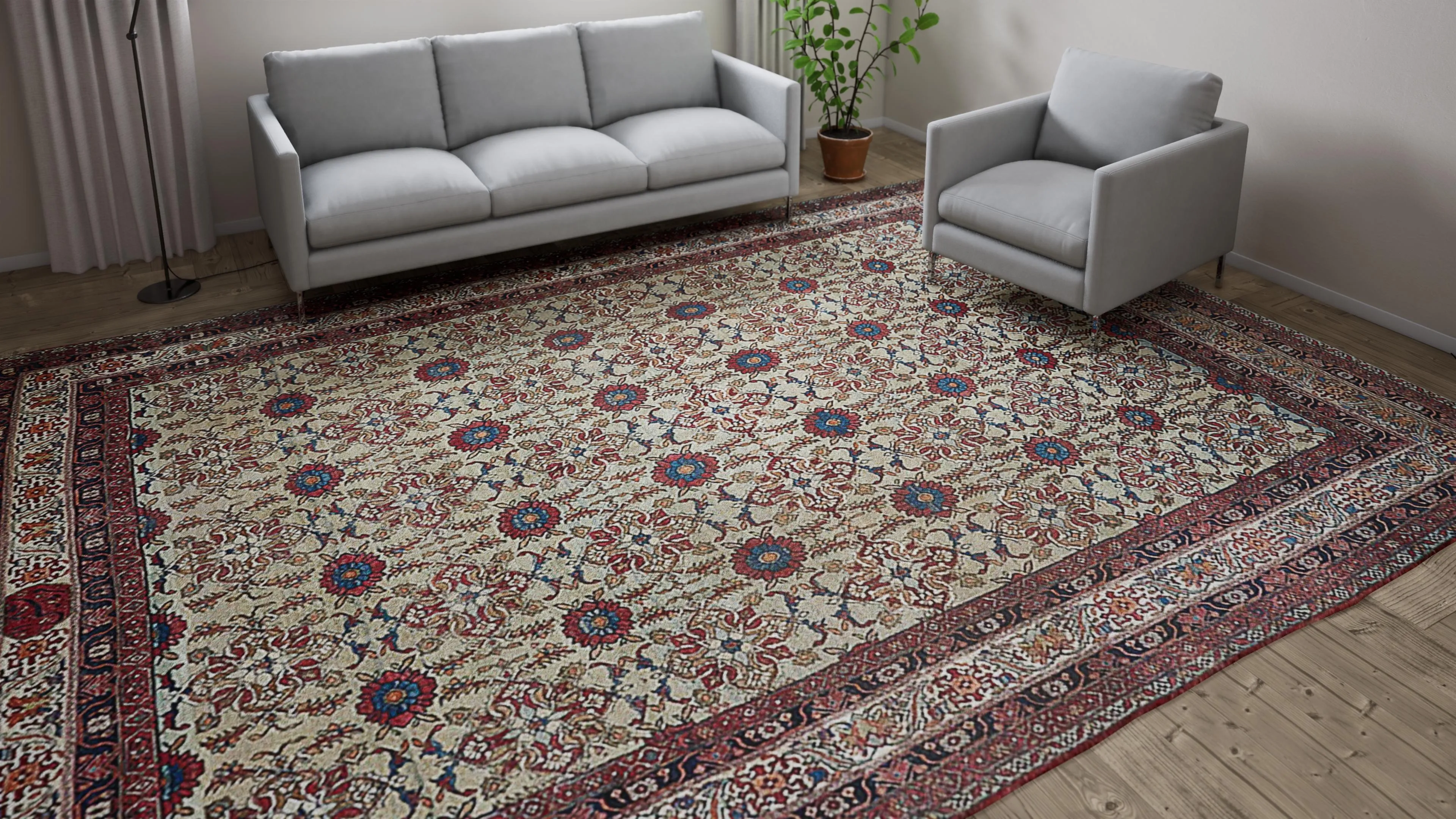 Red & Ivory Vintage Persian Kemanshah Wool Rug - 10'2" x 14'3"