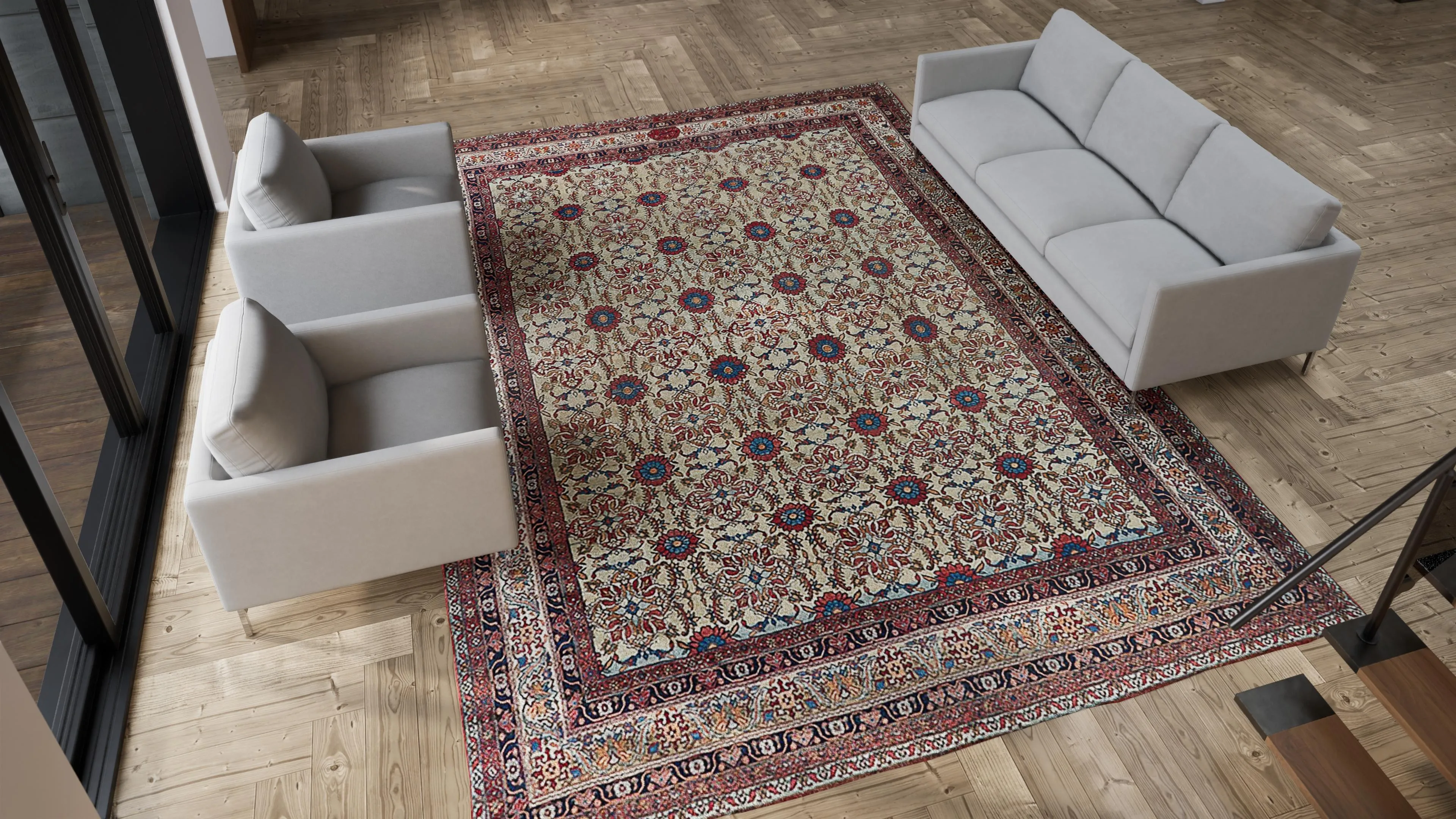Red & Ivory Vintage Persian Kemanshah Wool Rug - 10'2" x 14'3"