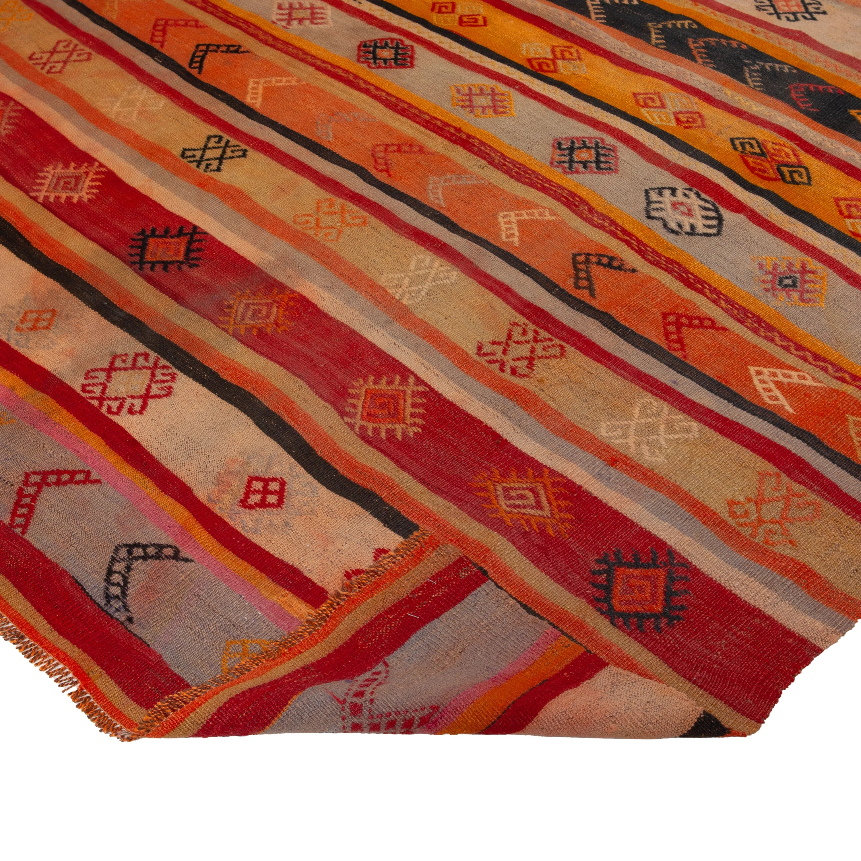 Red & Orange Vintage Wool Kilim Rug - 6'5" x 11'2"