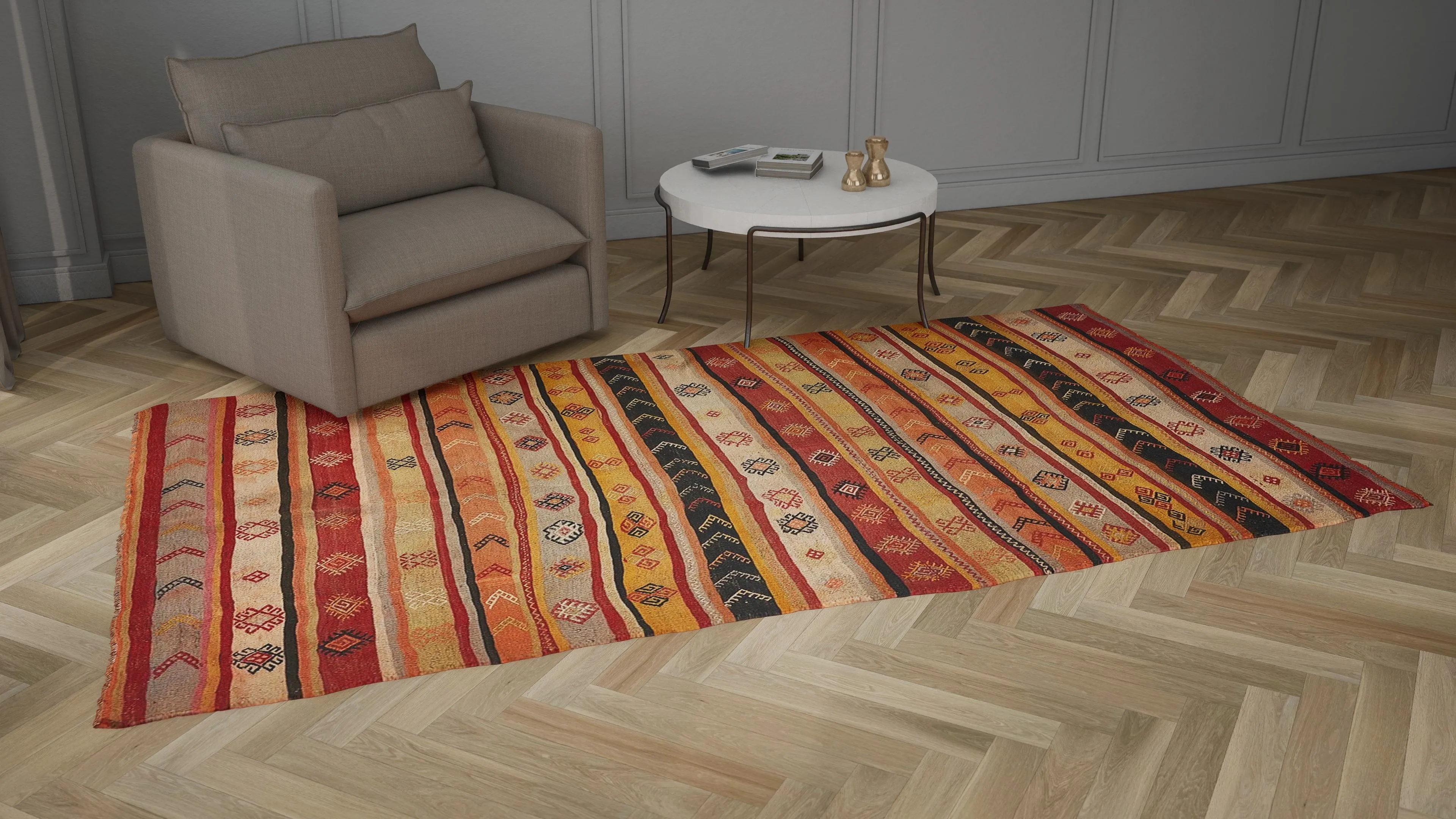 Red & Orange Vintage Wool Kilim Rug - 6'5" x 11'2"