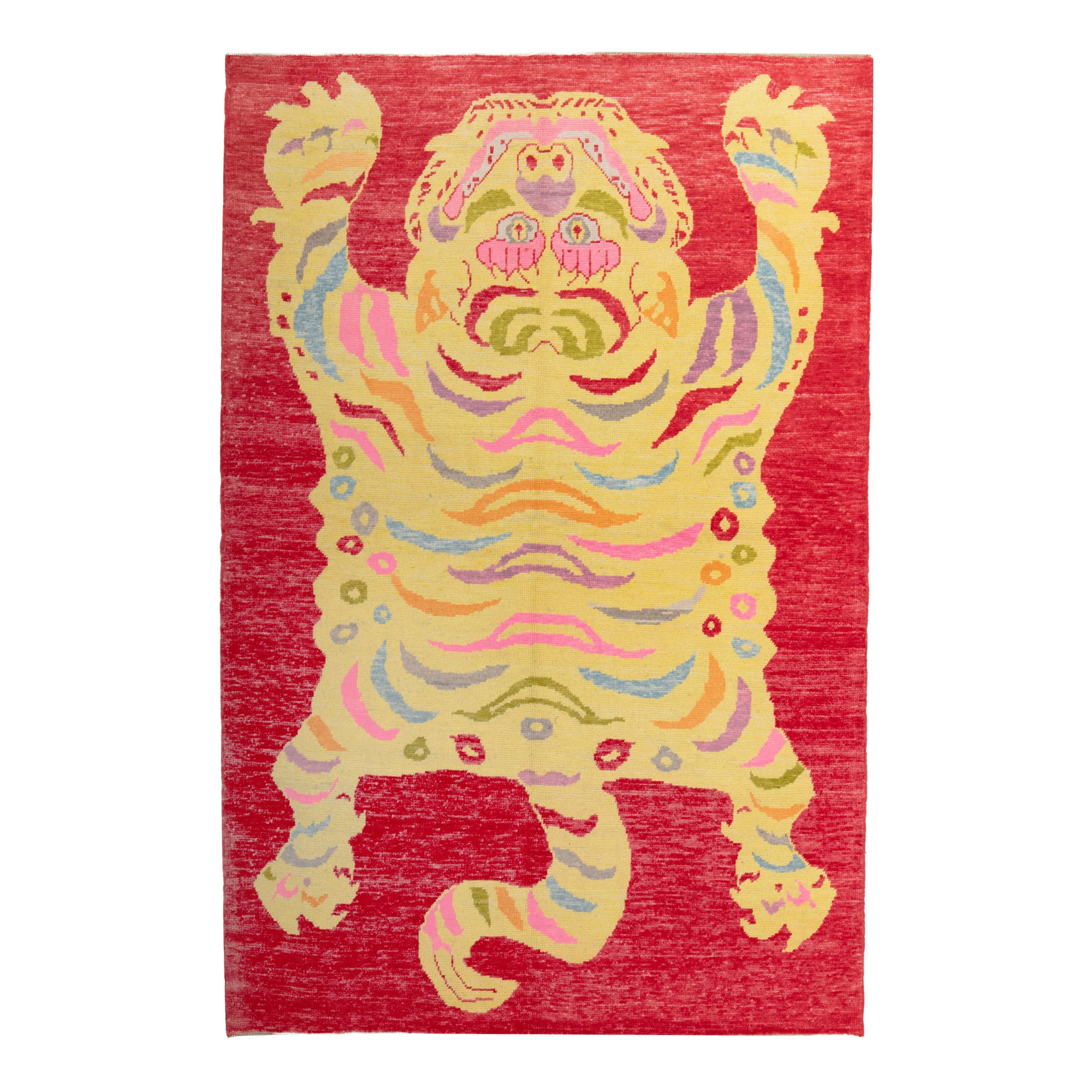 Red Contemporary Tiger Wool Rug - 6'8" x 9'11"