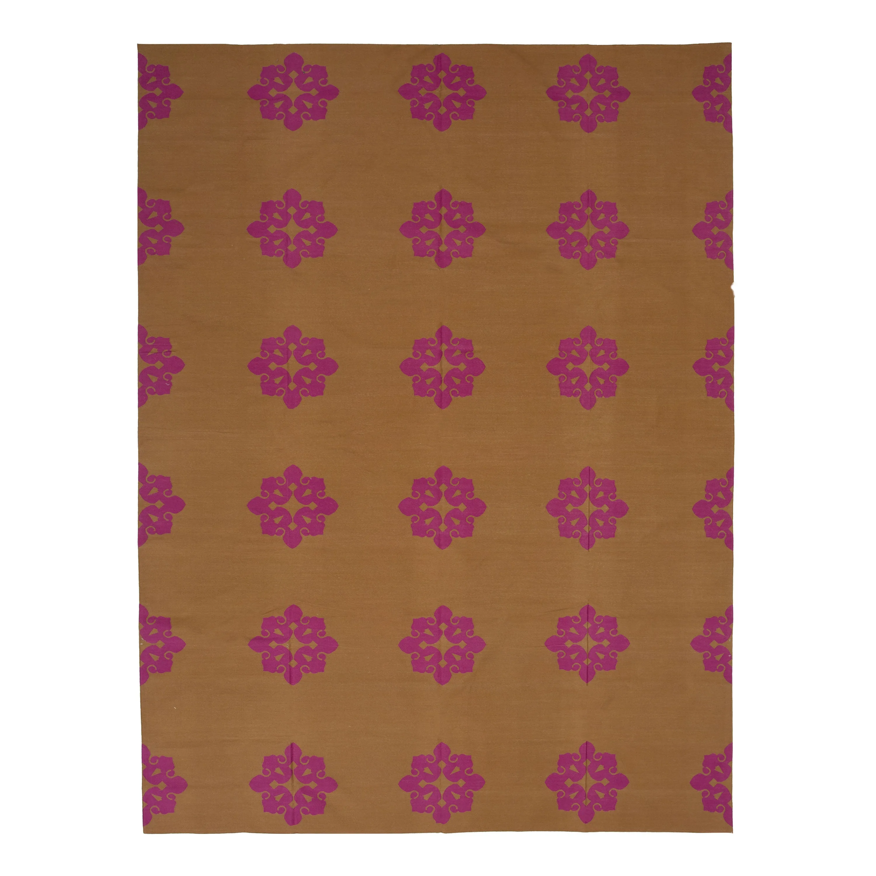 Tan & Pink Floral Dhurrie Cotton Rug - 10' x 14'14"