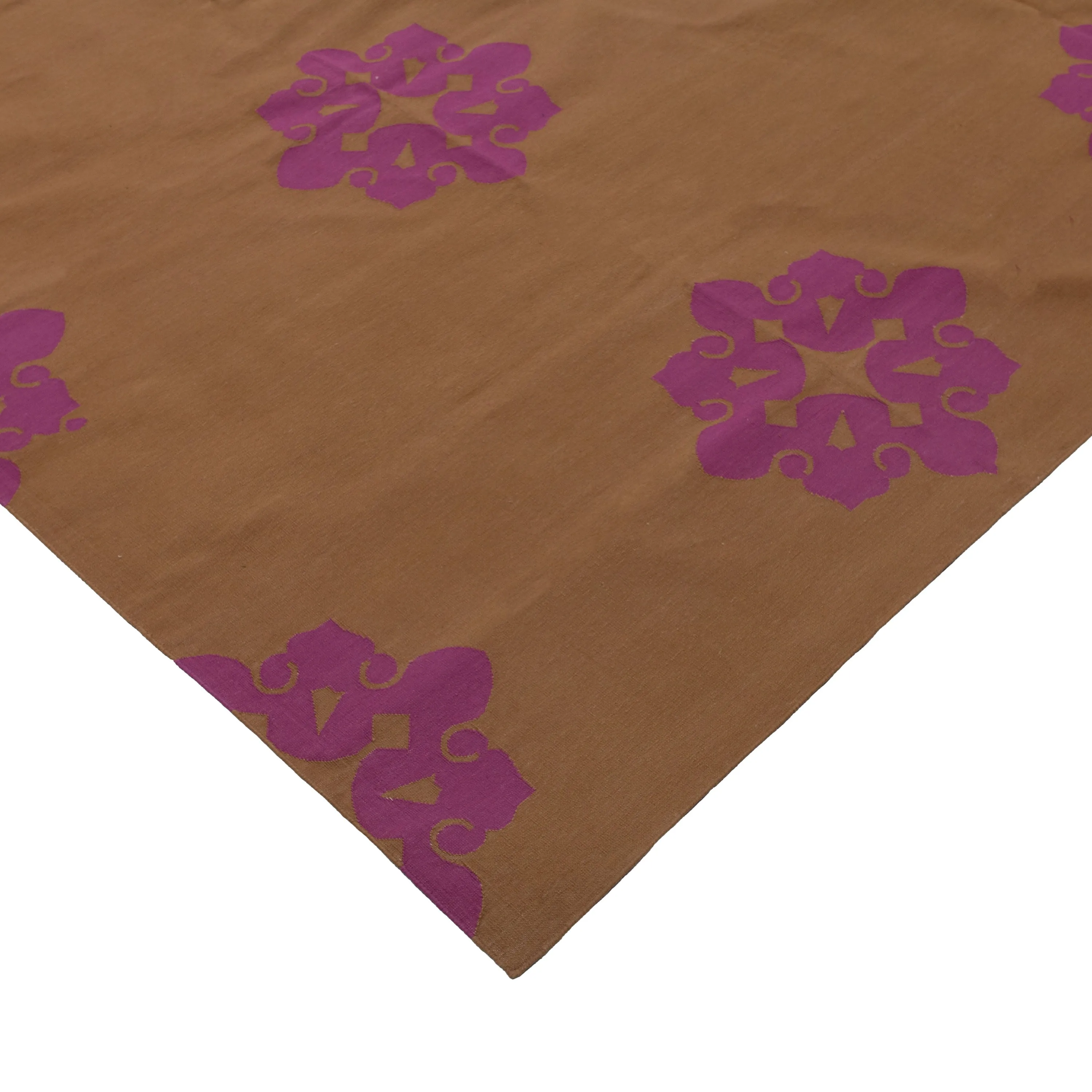 Tan & Pink Floral Dhurrie Cotton Rug - 10' x 14'14"