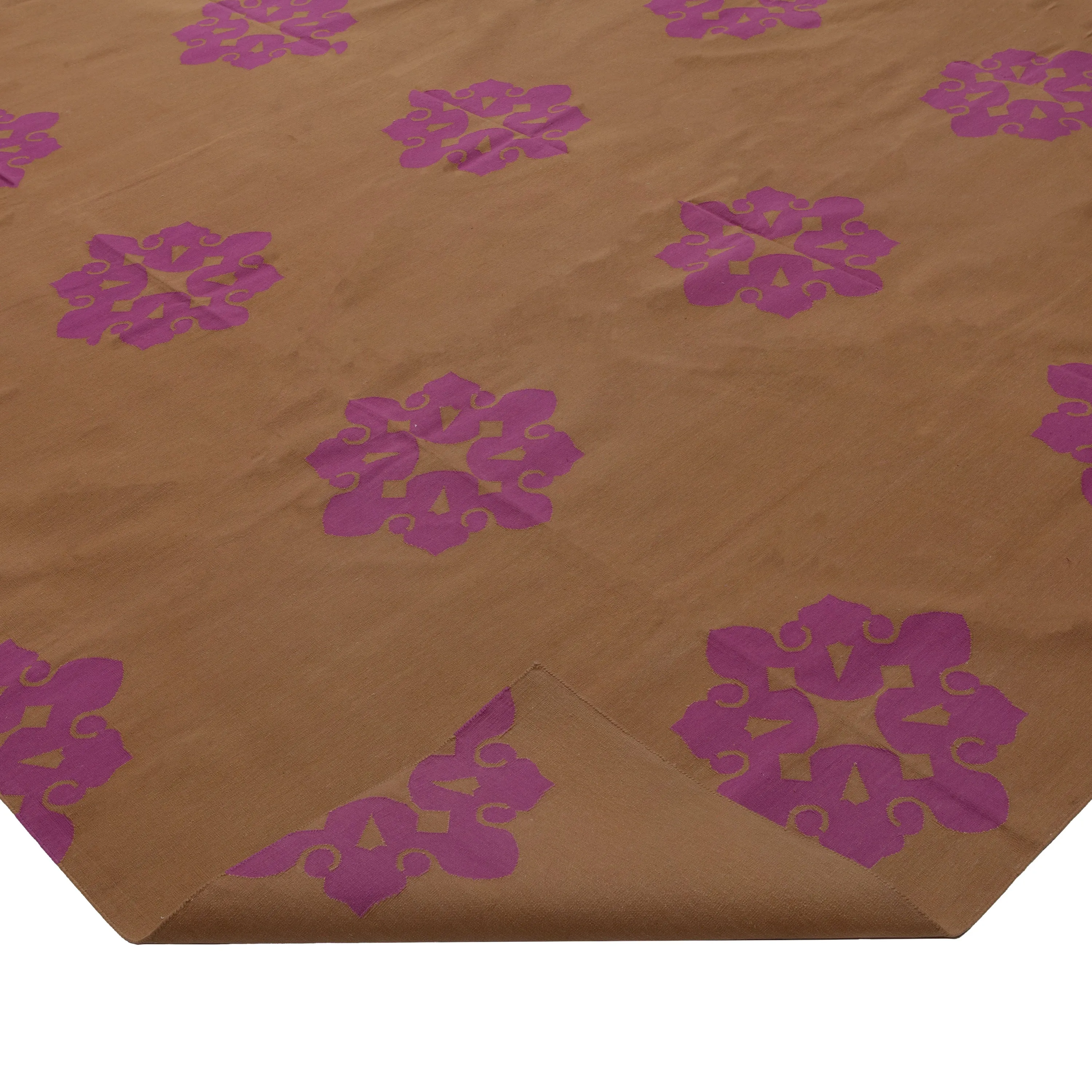 Tan & Pink Floral Dhurrie Cotton Rug - 10' x 14'14"