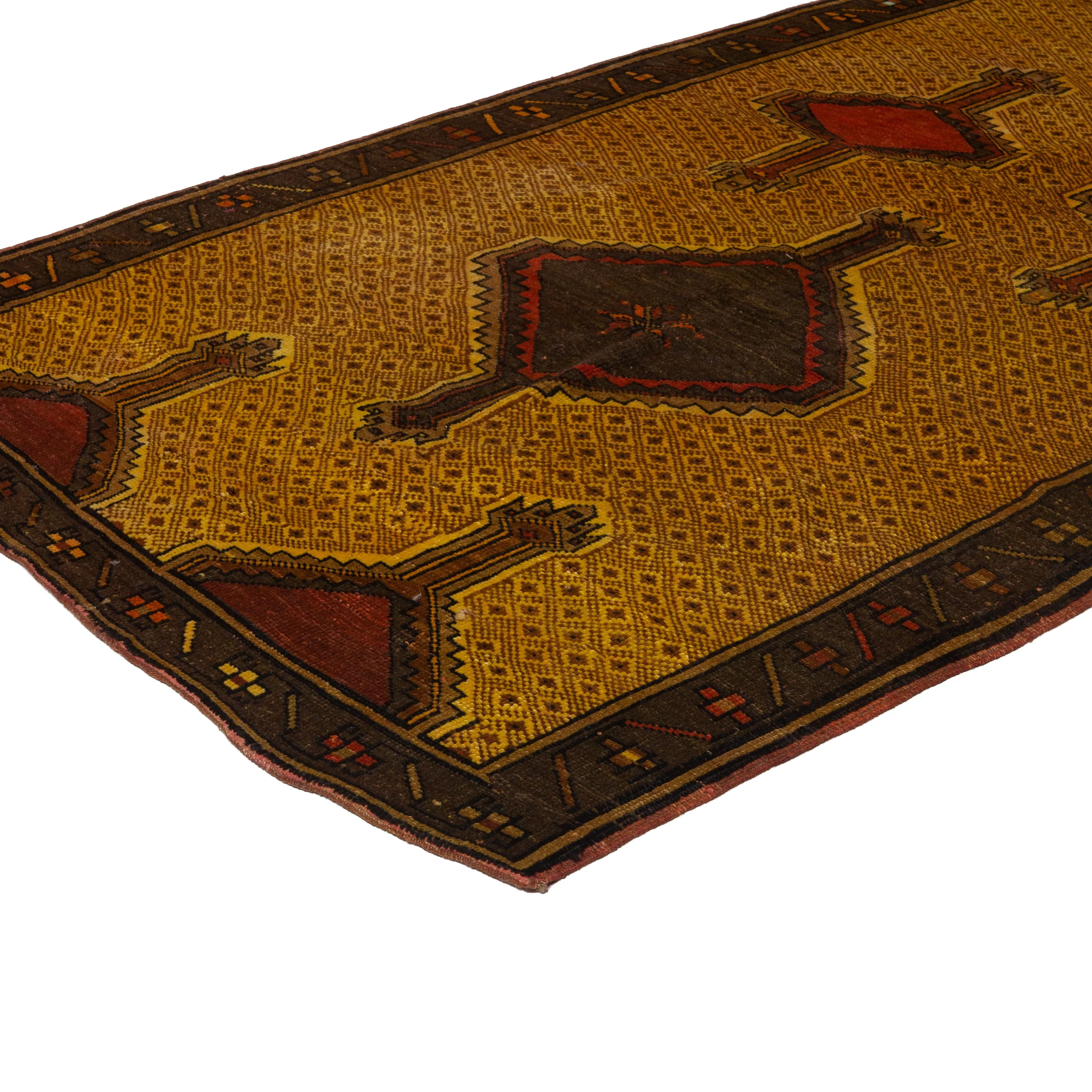 Yellow Vintage Traditional Wool Runner - 5'1" x 13'2"