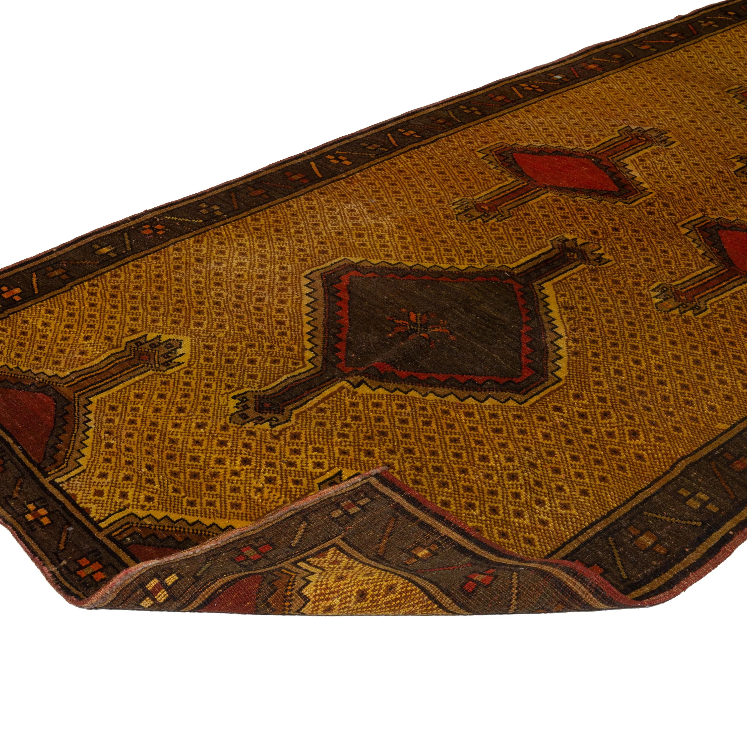 Yellow Vintage Traditional Wool Runner - 5'1" x 13'2"